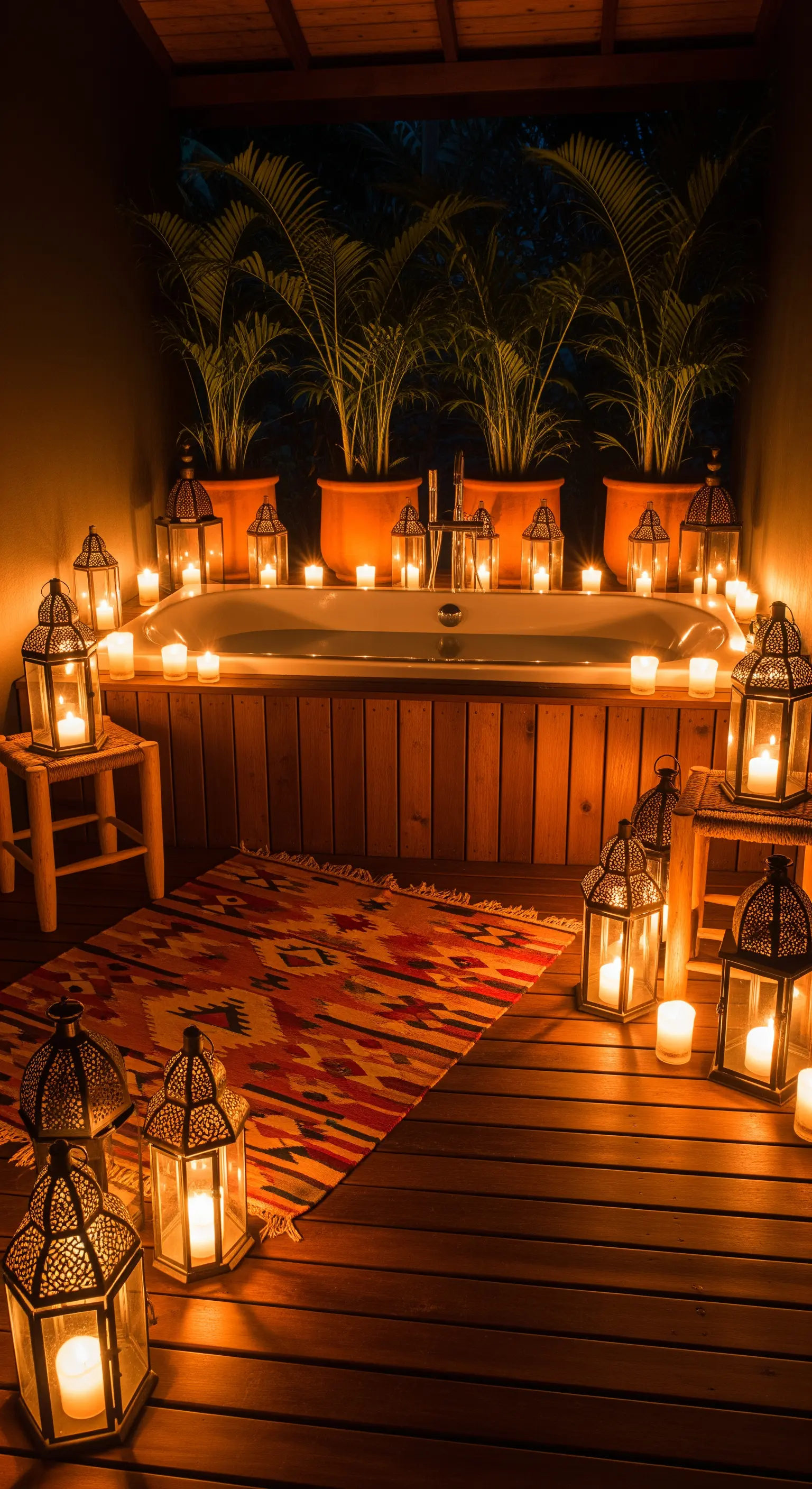 Vasca da bagno all'aperto circondata da decine di lanterne e candele accese.