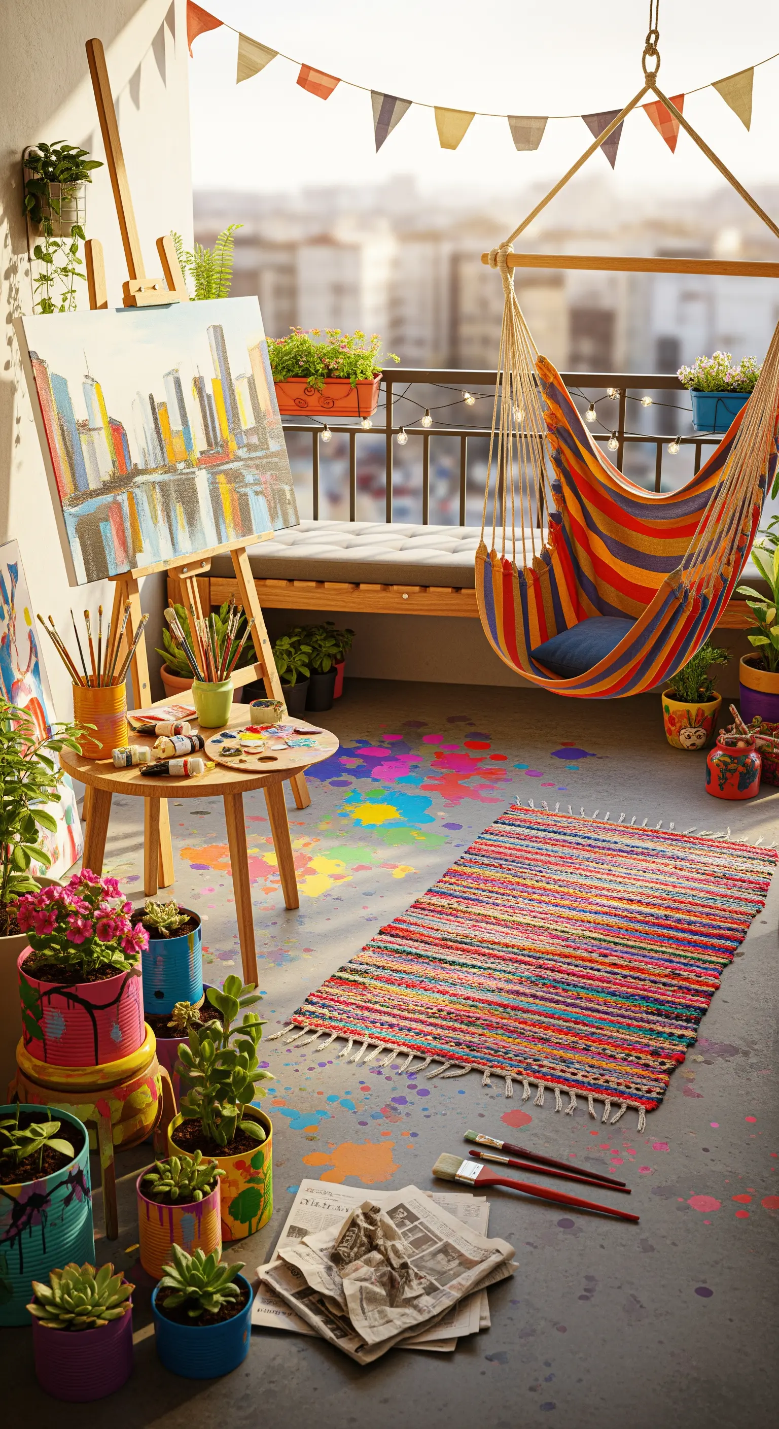 Balcone allestito come studio d'artista, con cavalletto, colori e un'amaca-sedia colorata.