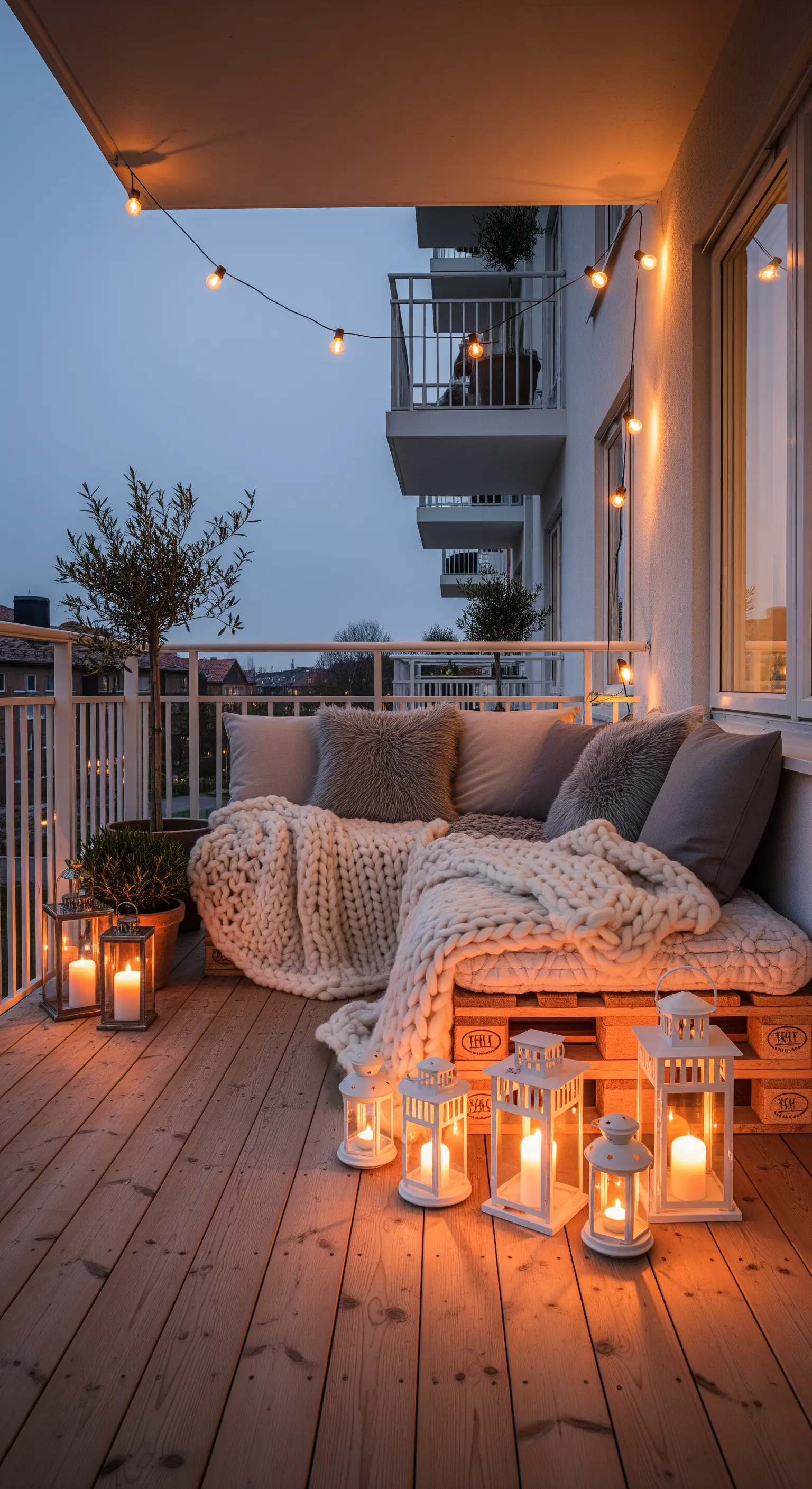 Balcone scandinavo con divano in pallet, plaid a maglia grossa e lanterne bianche accese.
