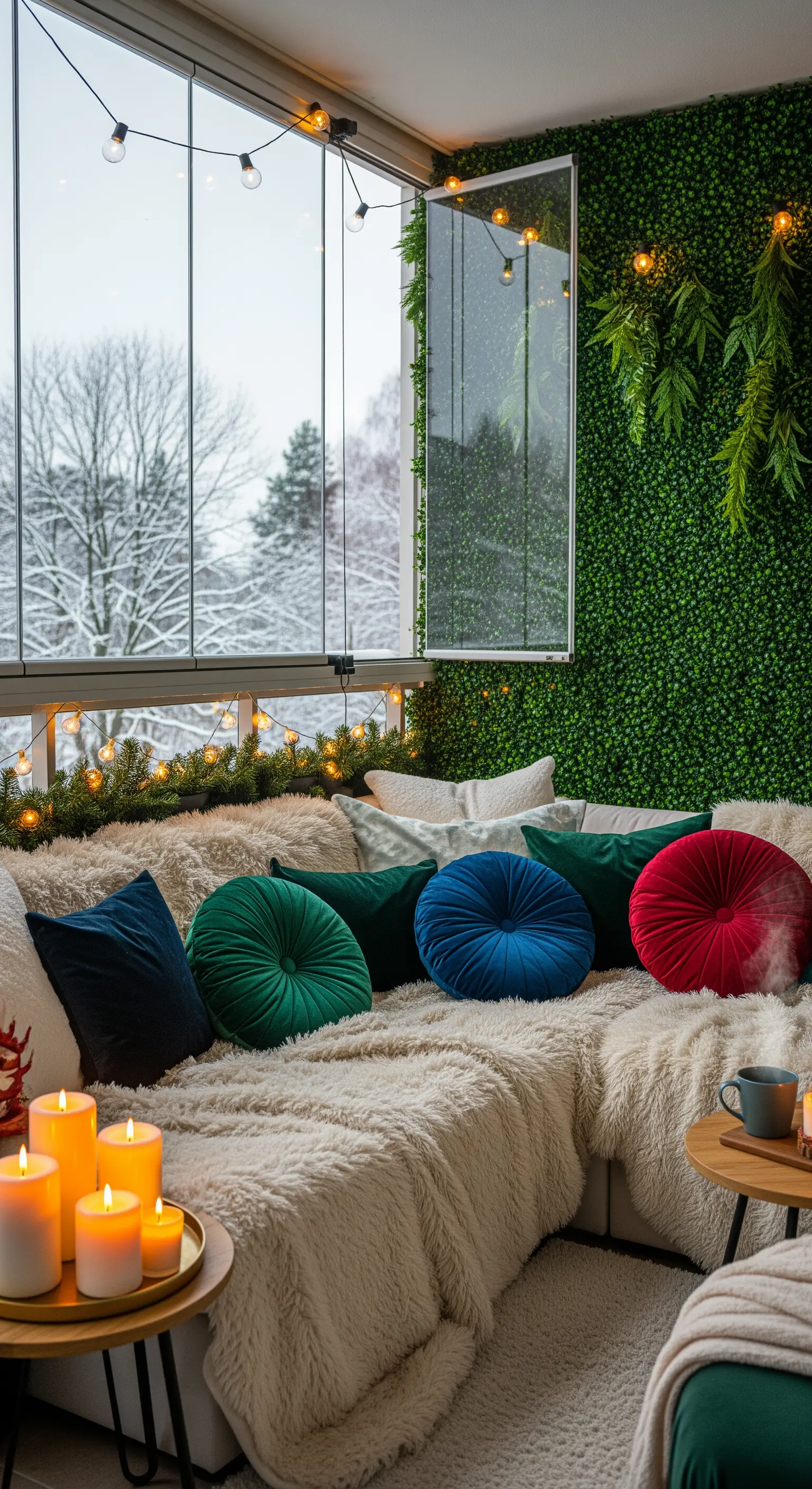 Balcone invernale chiuso da vetrate con un divano coperto di pellicce e cuscini in velluto.