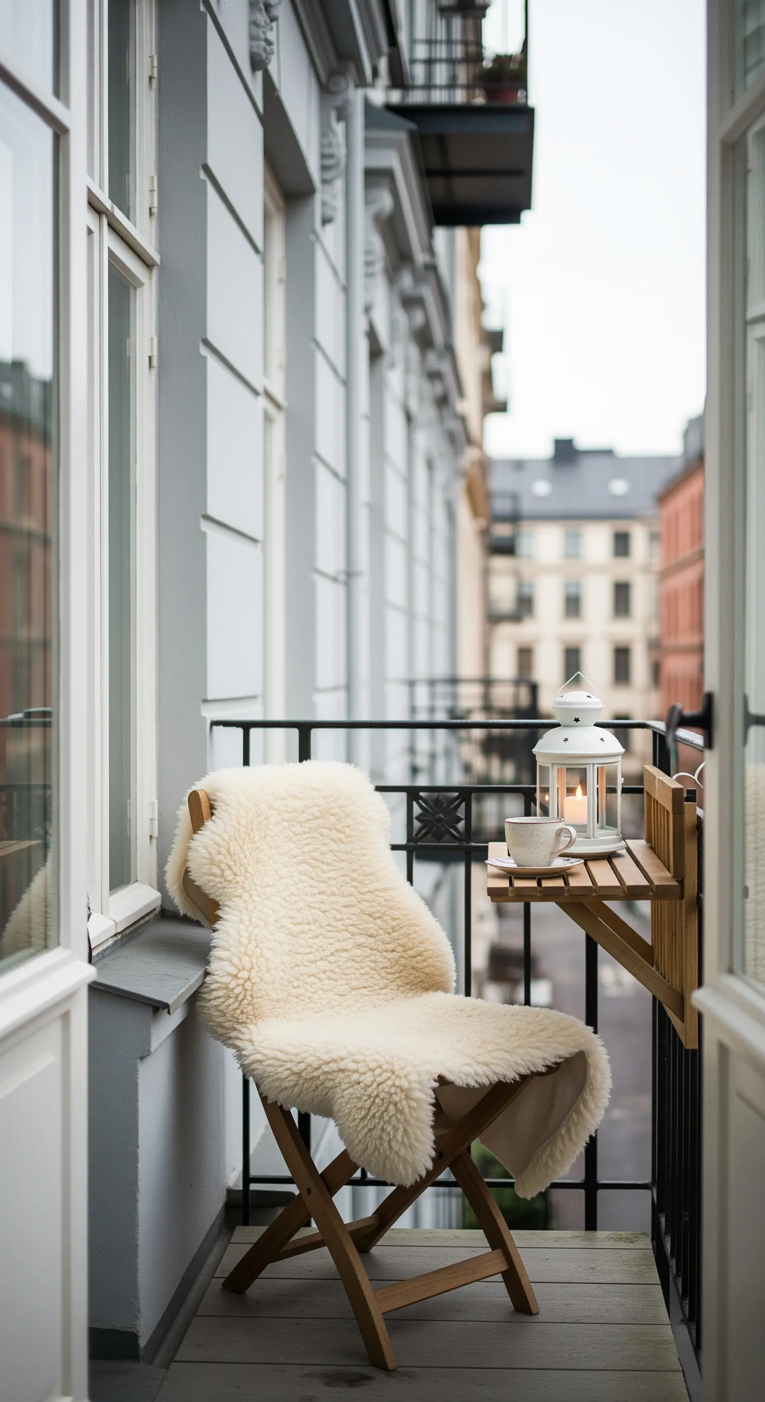Balcone minuscolo con sedia pieghevole, pelle di pecora e tavolino appeso alla ringhiera.