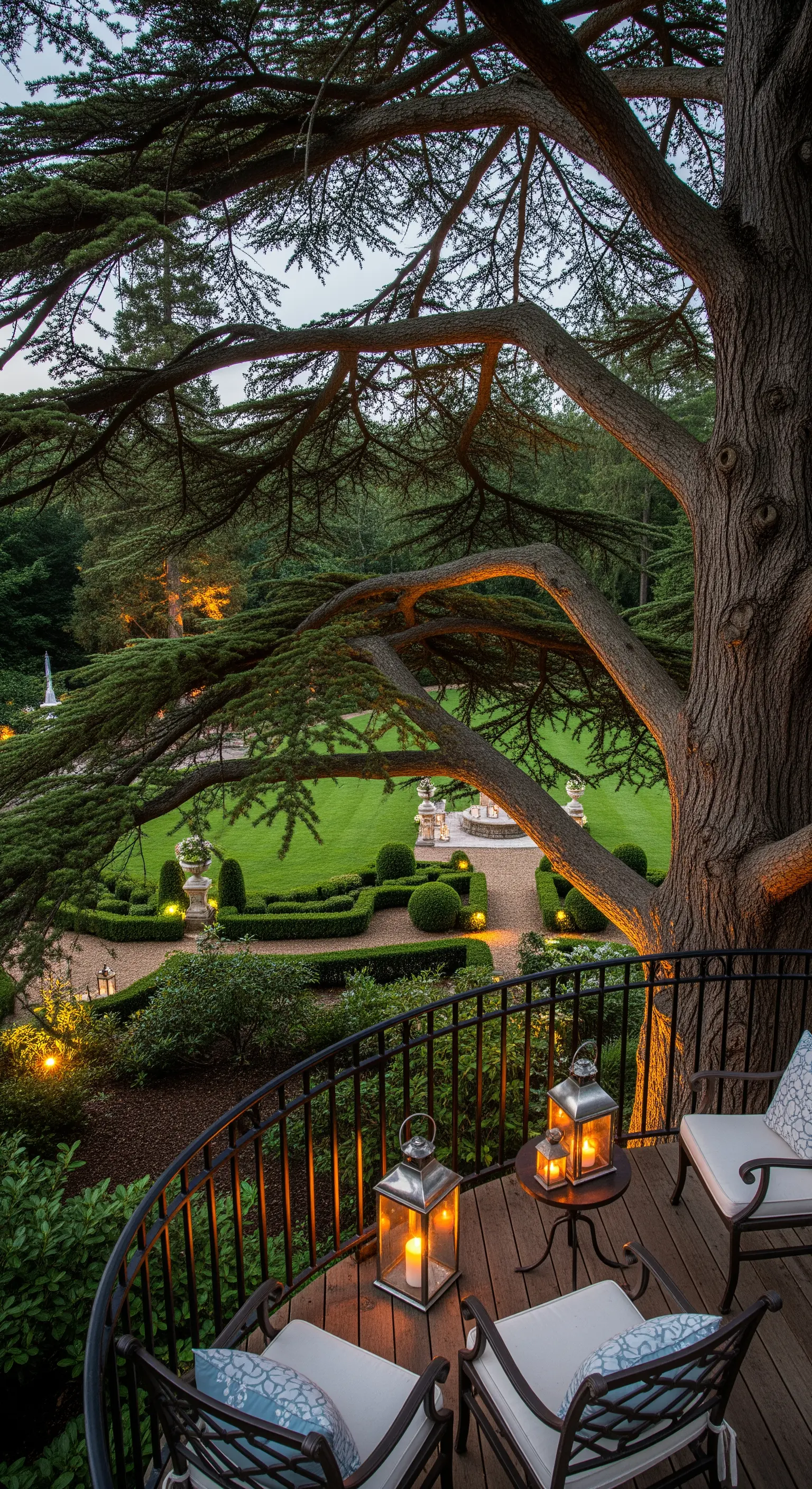 Balcone con vista su un giardino formale, arredato con due poltrone e lanterne accese.