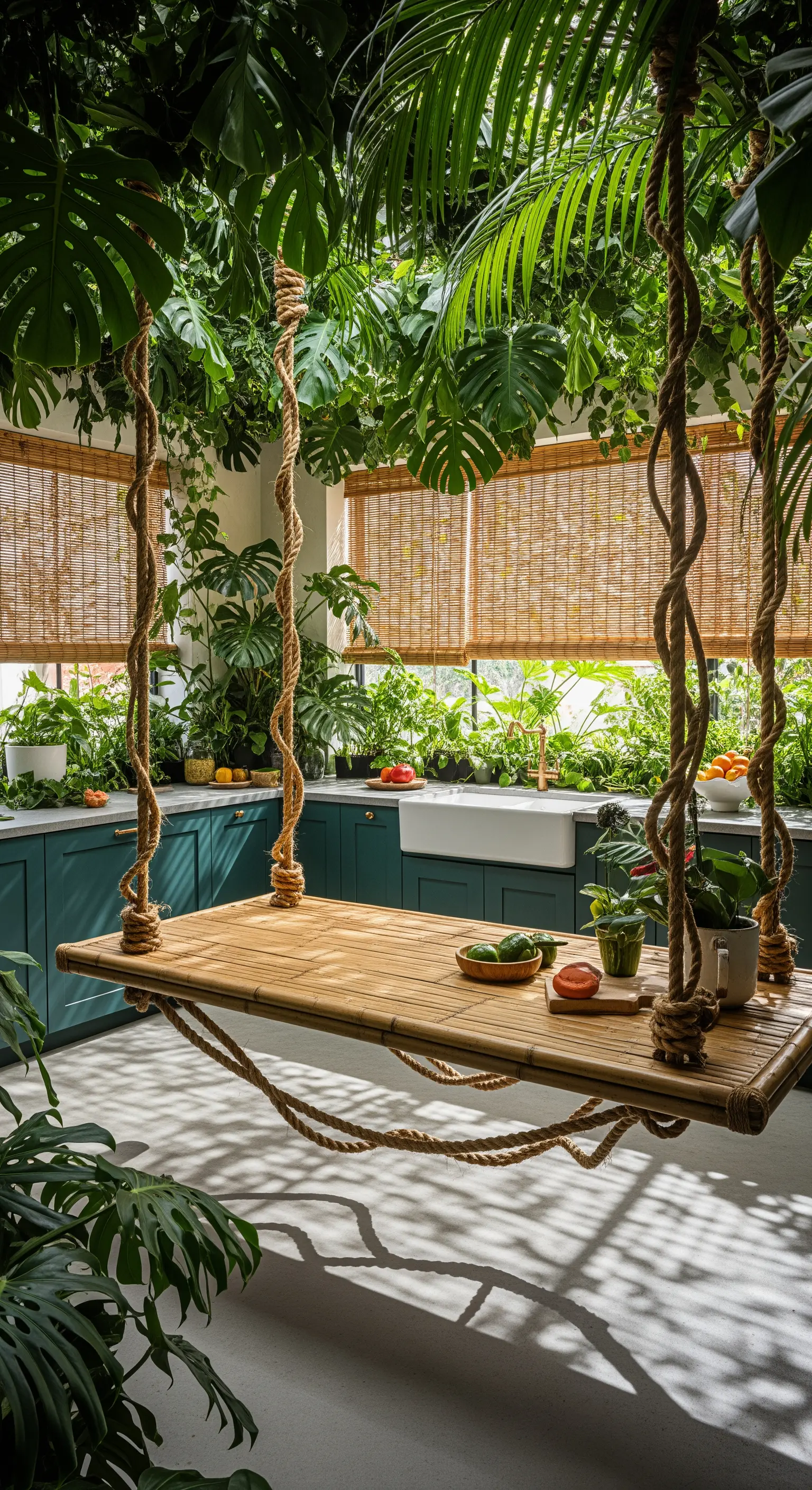 Tavolo in bambù sospeso con corde e piante rampicanti in una cucina stile giungla.