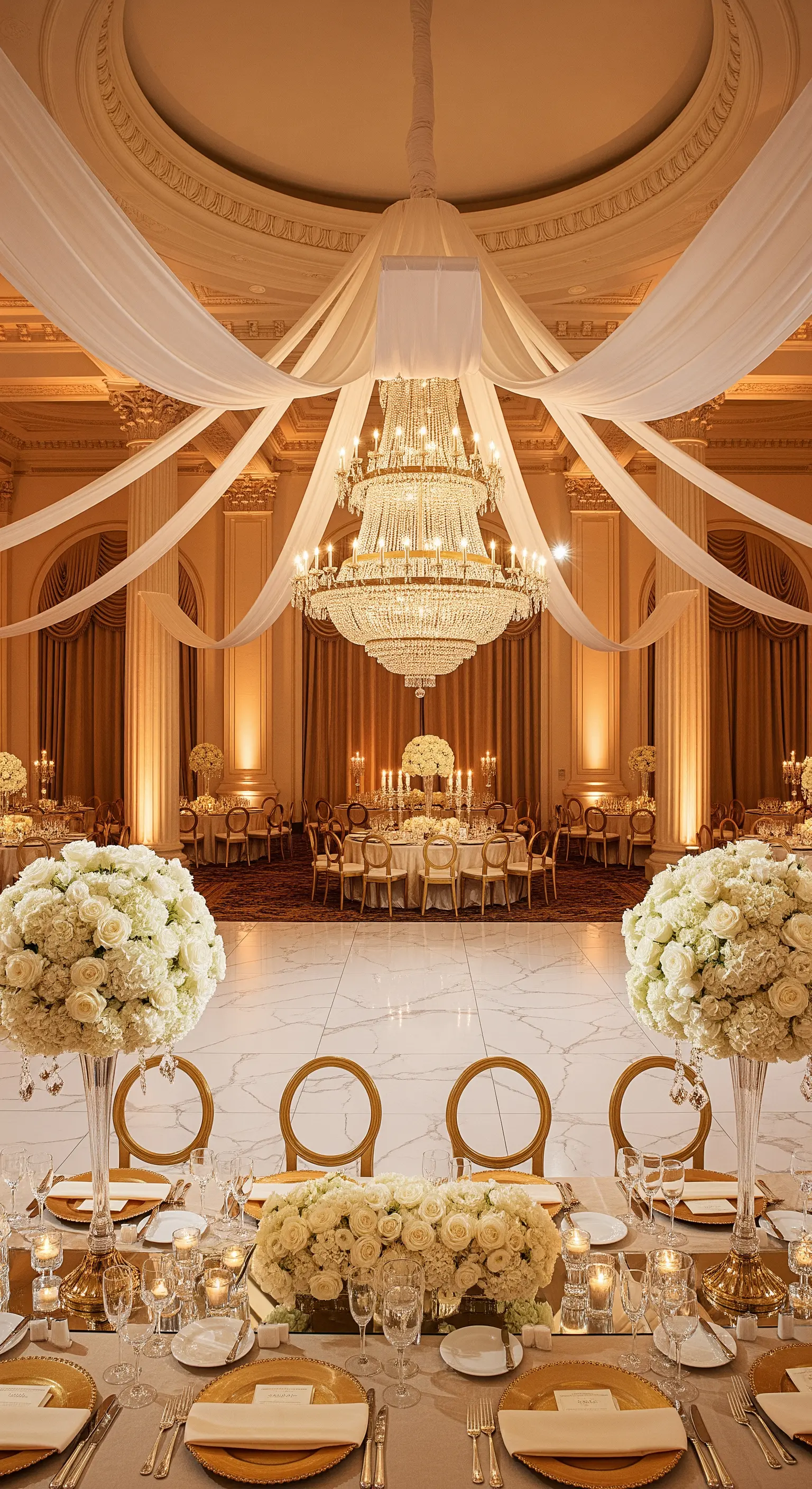 Salone da ballo con un imponente chandelier di cristallo e drappeggi di seta bianca sul soffitto.