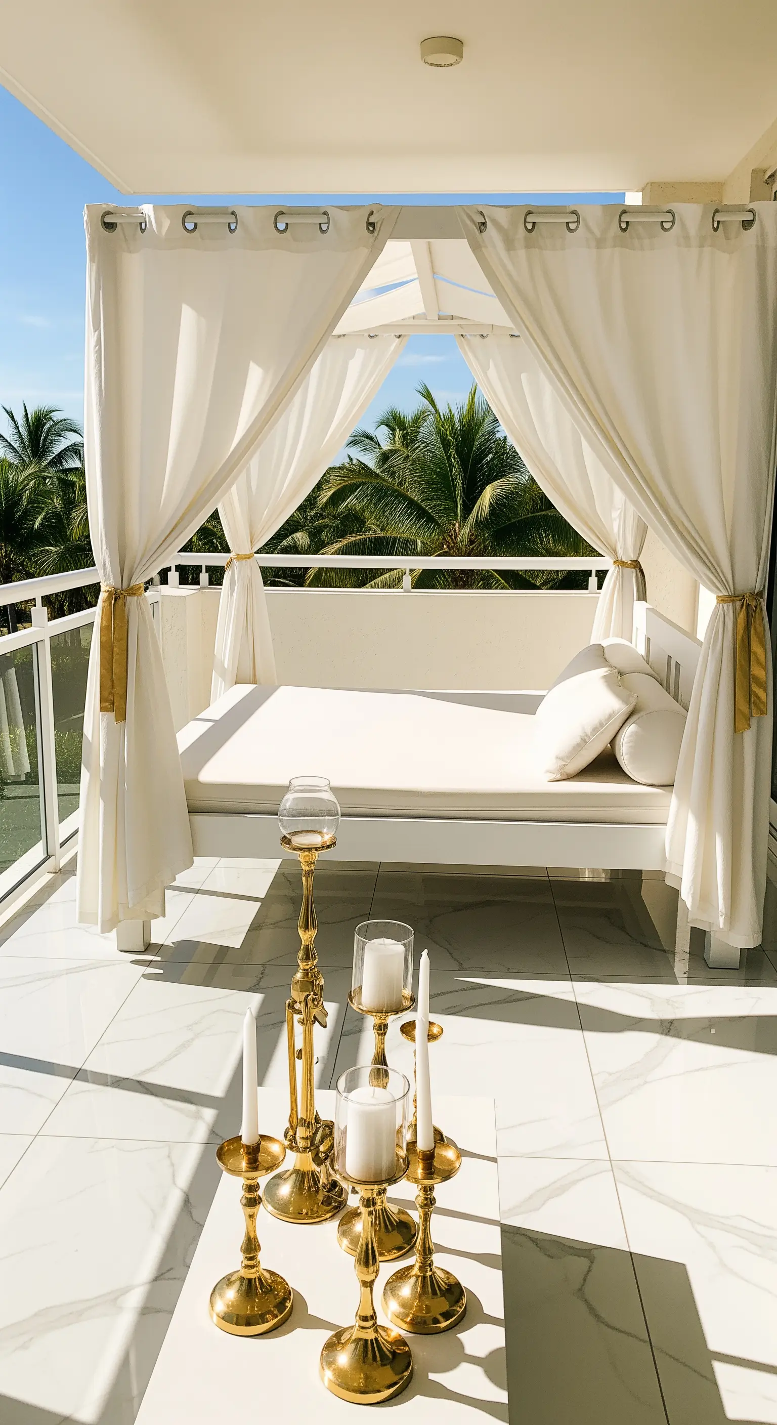 Daybed bianco con baldacchino e tende vaporose su un balcone soleggiato, con candelabri dorati.