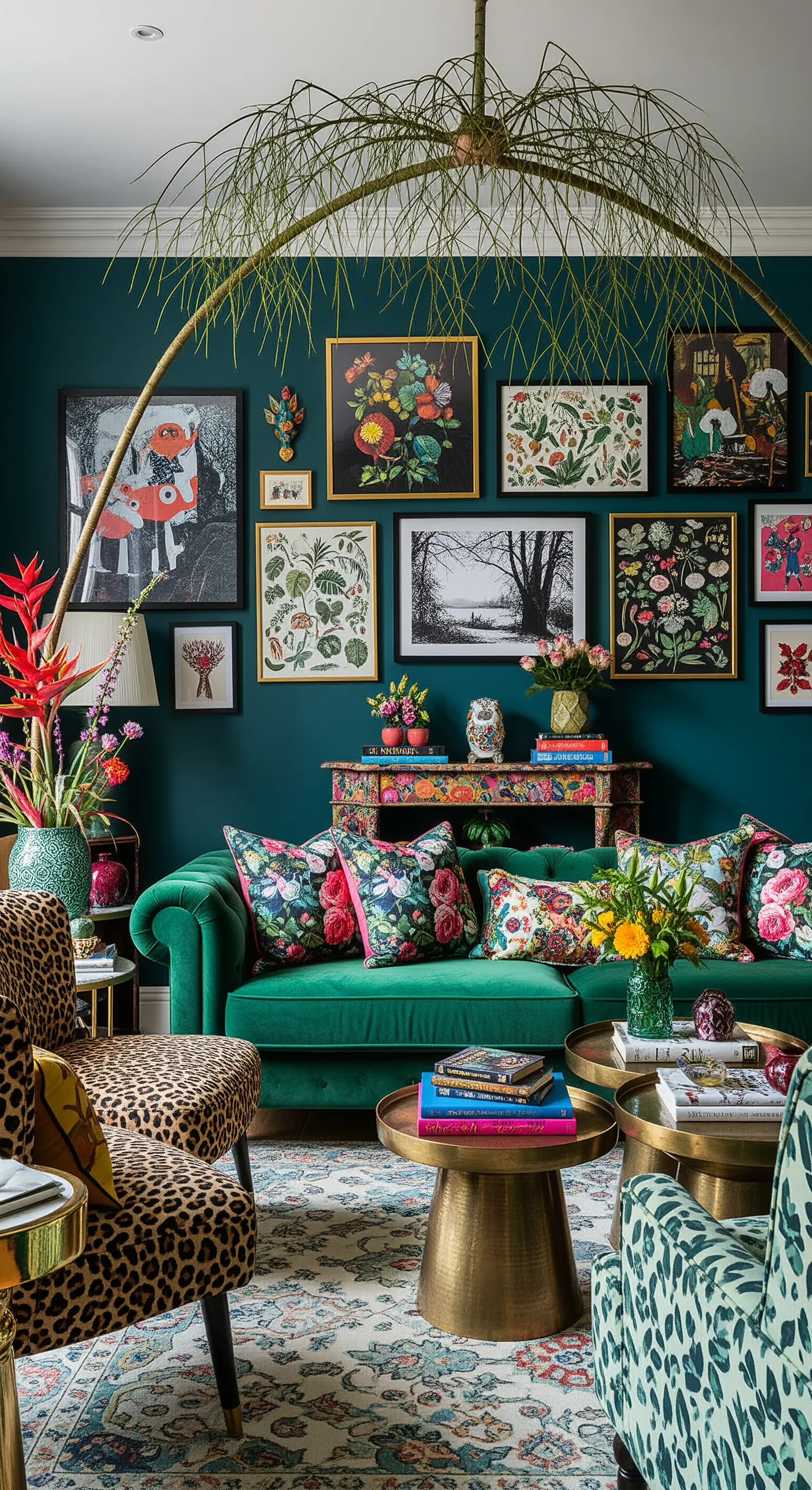 Salotto eclettico e colorato con un ramo che si inarca sopra un divano di velluto verde.