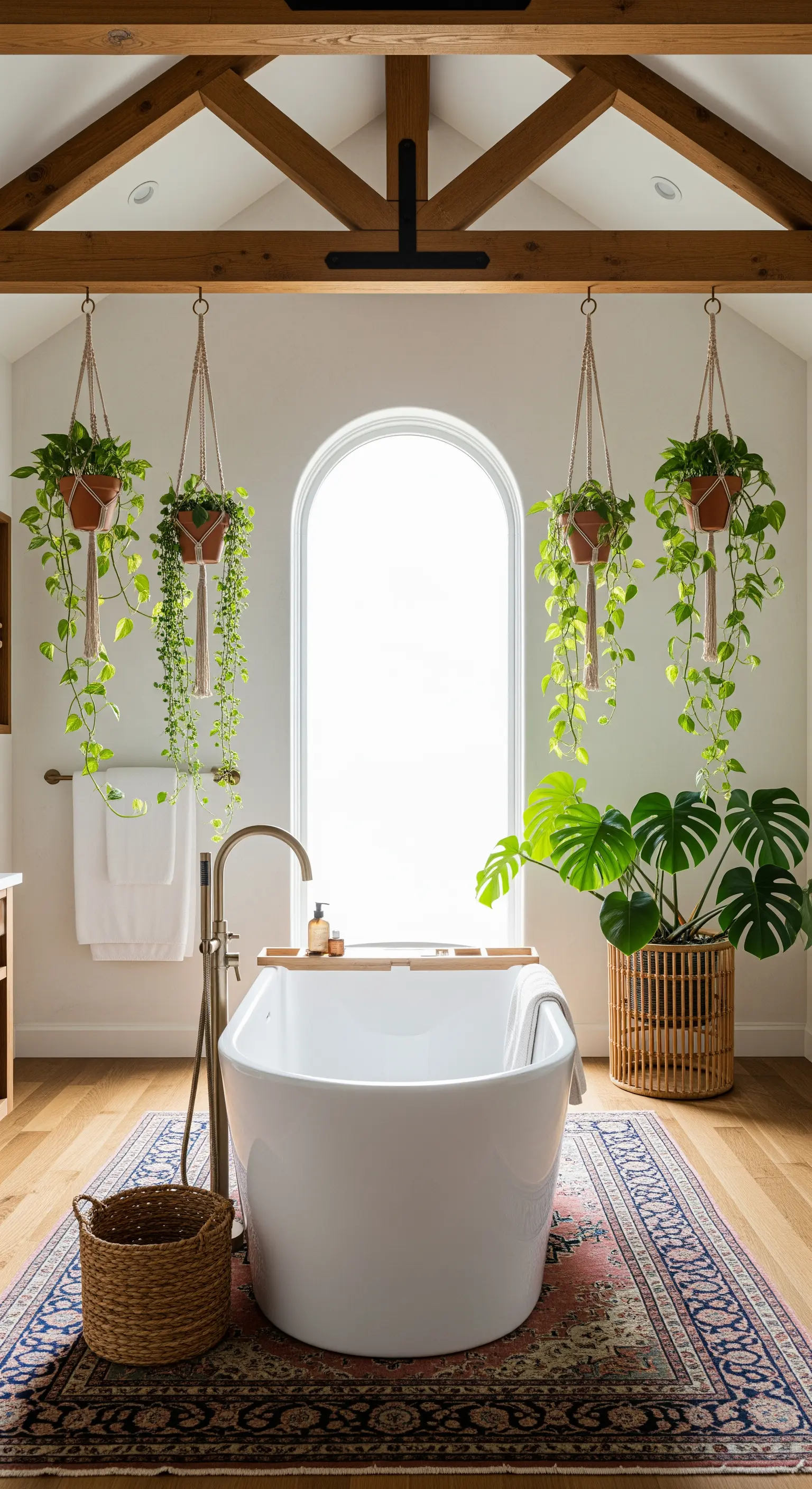 Vasca freestanding con piante di pothos appese a travi di legno e tappeto persiano.