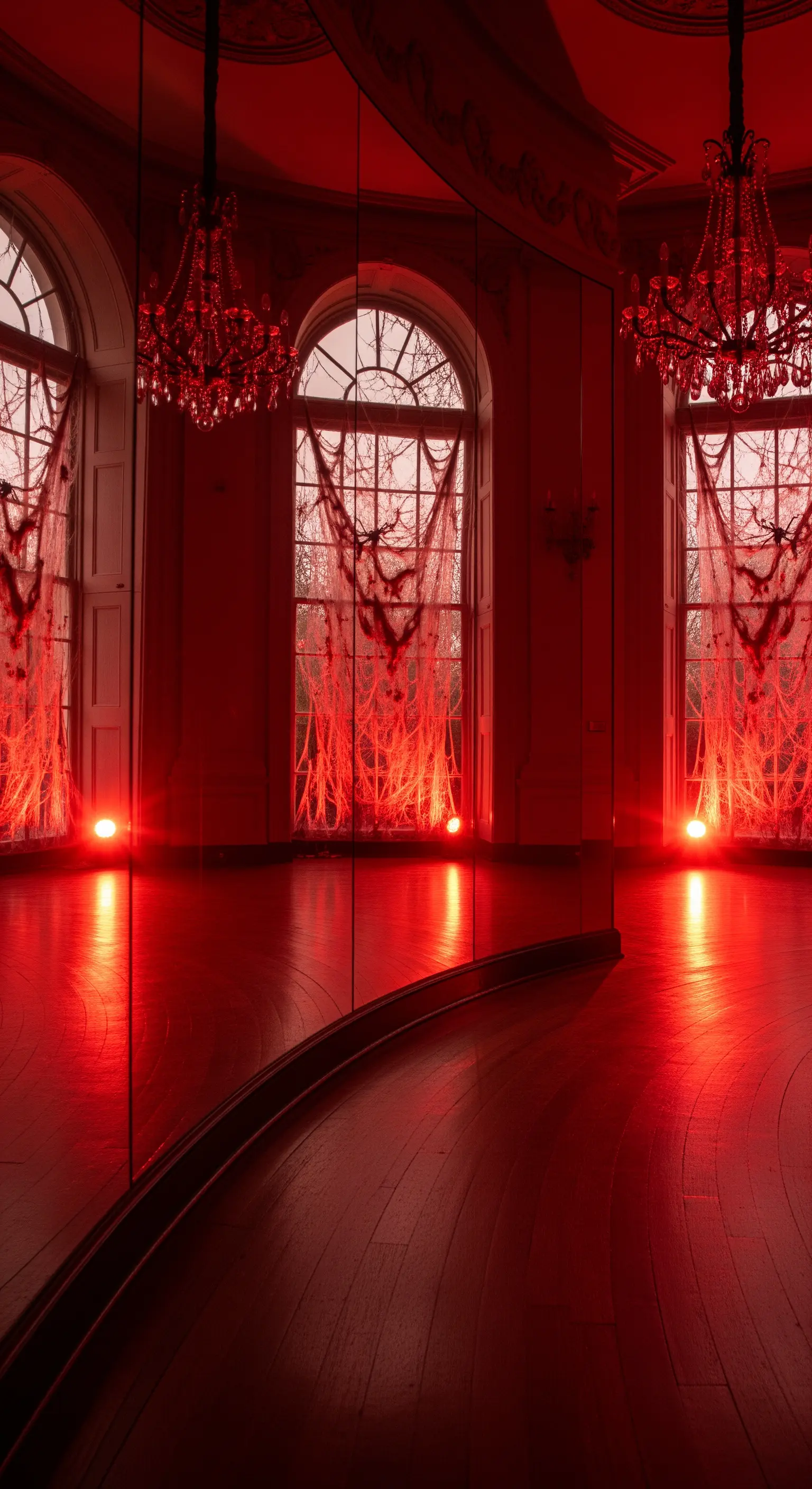 Salone elegante con lampadari e specchi, immerso in una luce rossa.