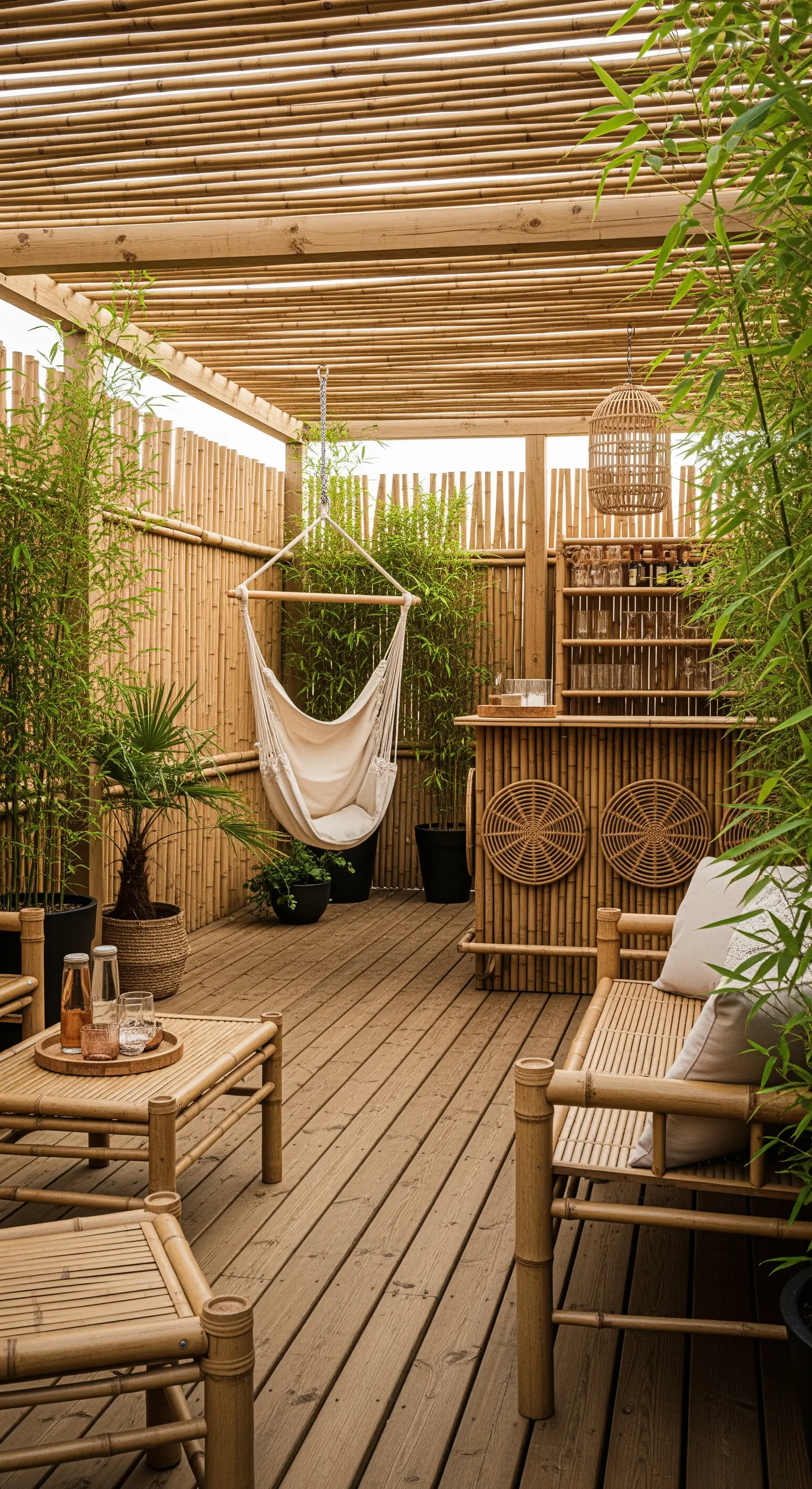 Patio interamente realizzato in bambù, con pergola, pareti, mobili e un angolo bar.