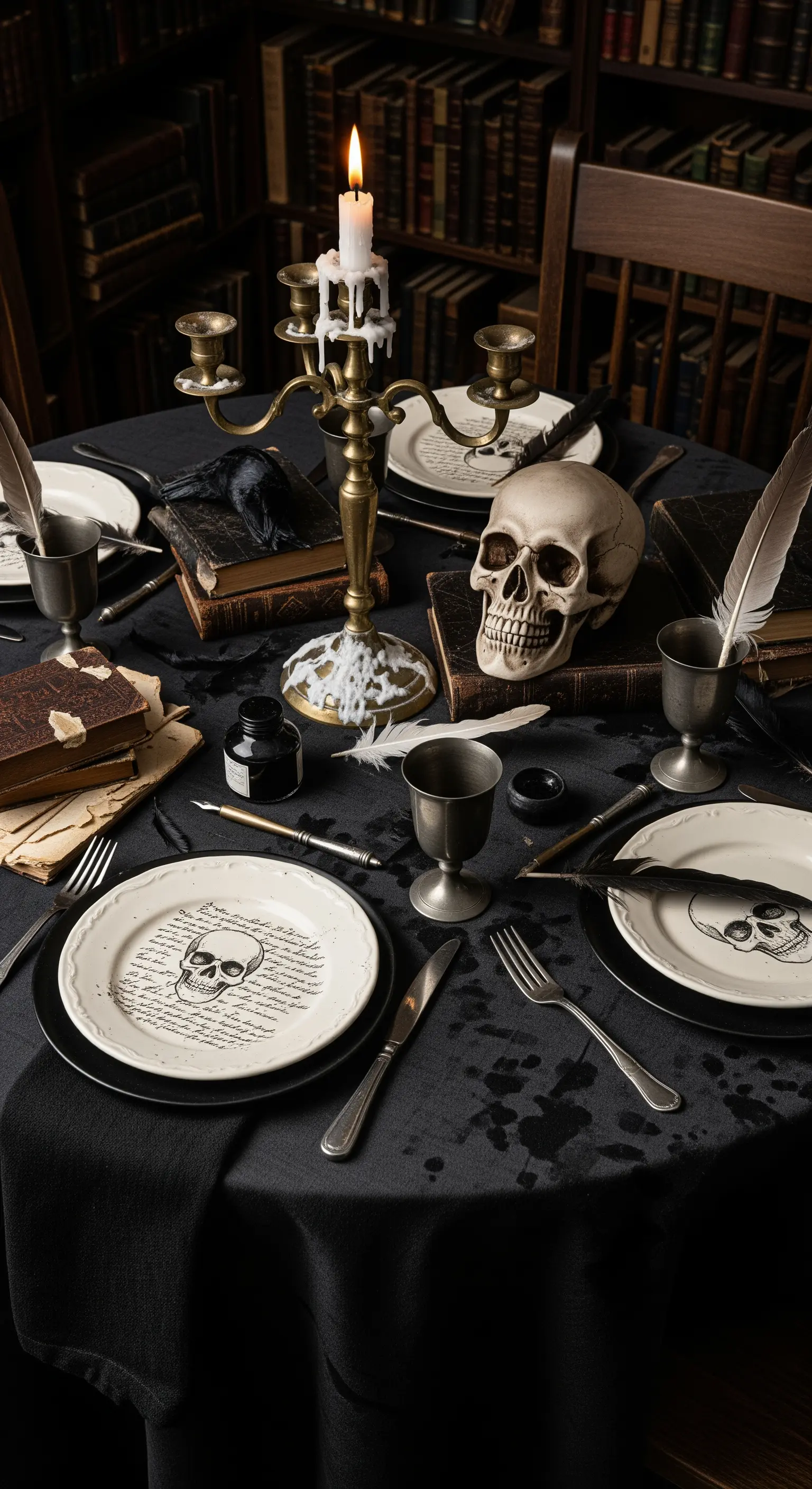 Tavola a tema gotico con libri antichi, un teschio, calamaio e piume.