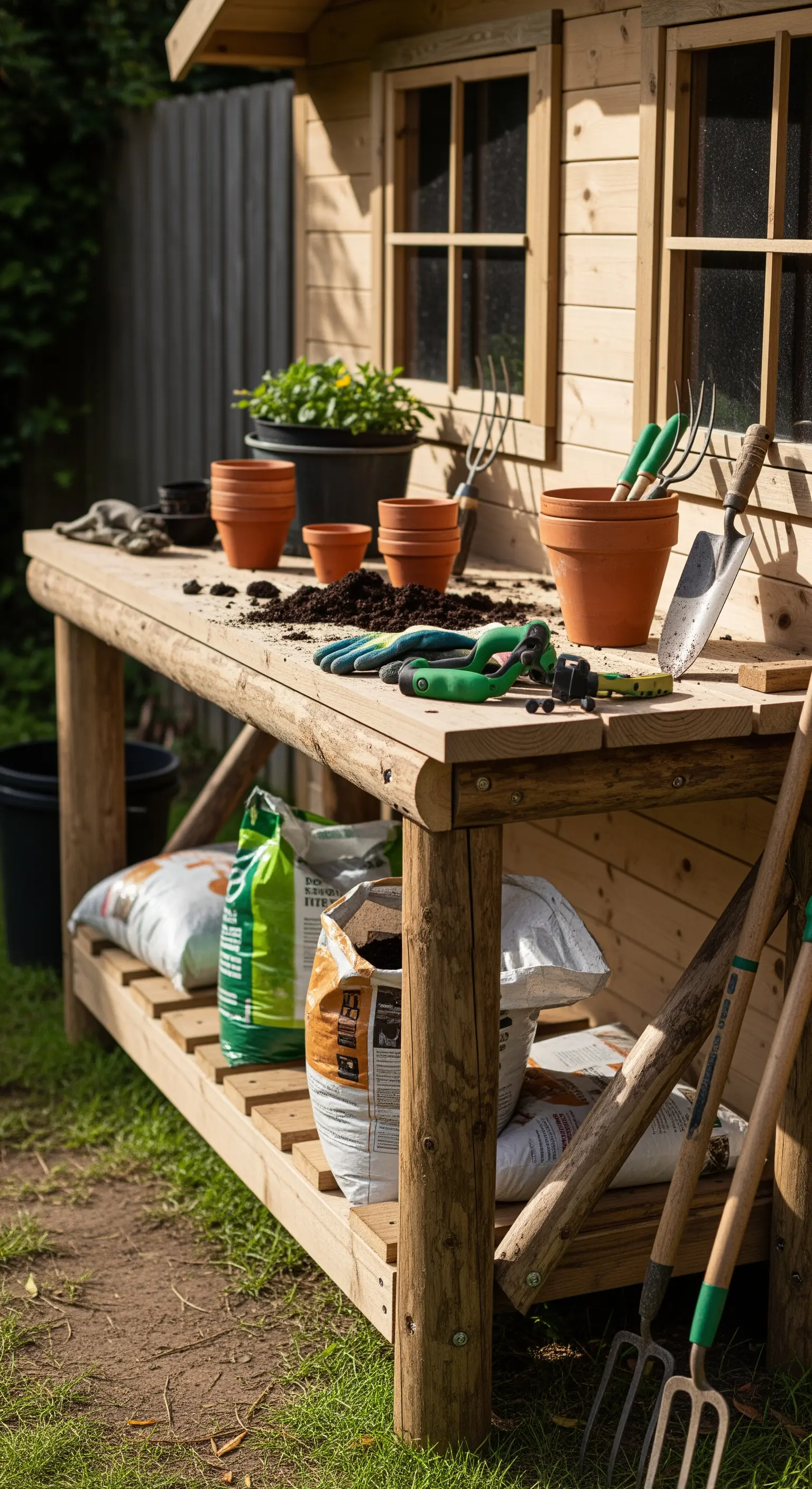 Banco da lavoro per giardinaggio in legno grezzo, con attrezzi, vasi e terriccio sparsi sul piano.