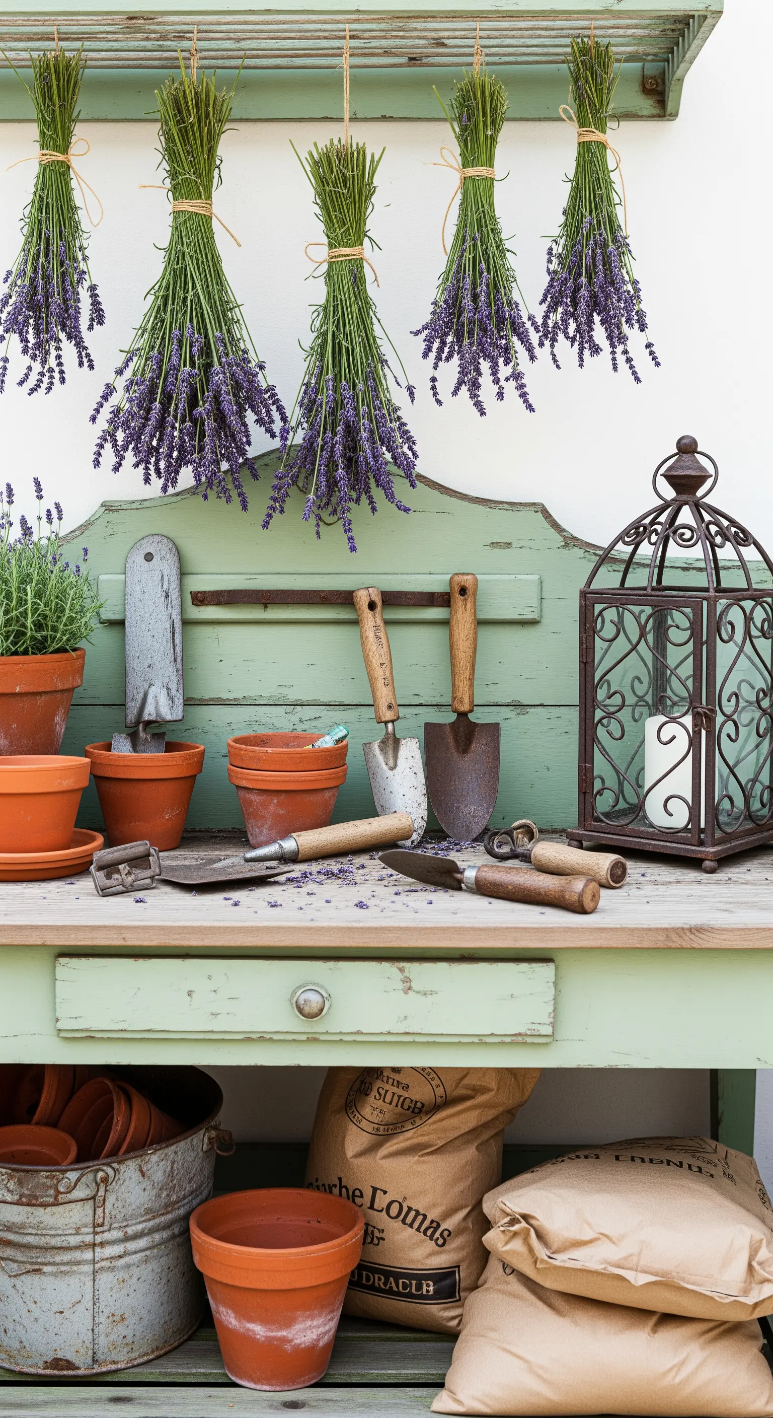 Banco da giardinaggio verde salvia con mazzi di lavanda appesi e attrezzi vintage.