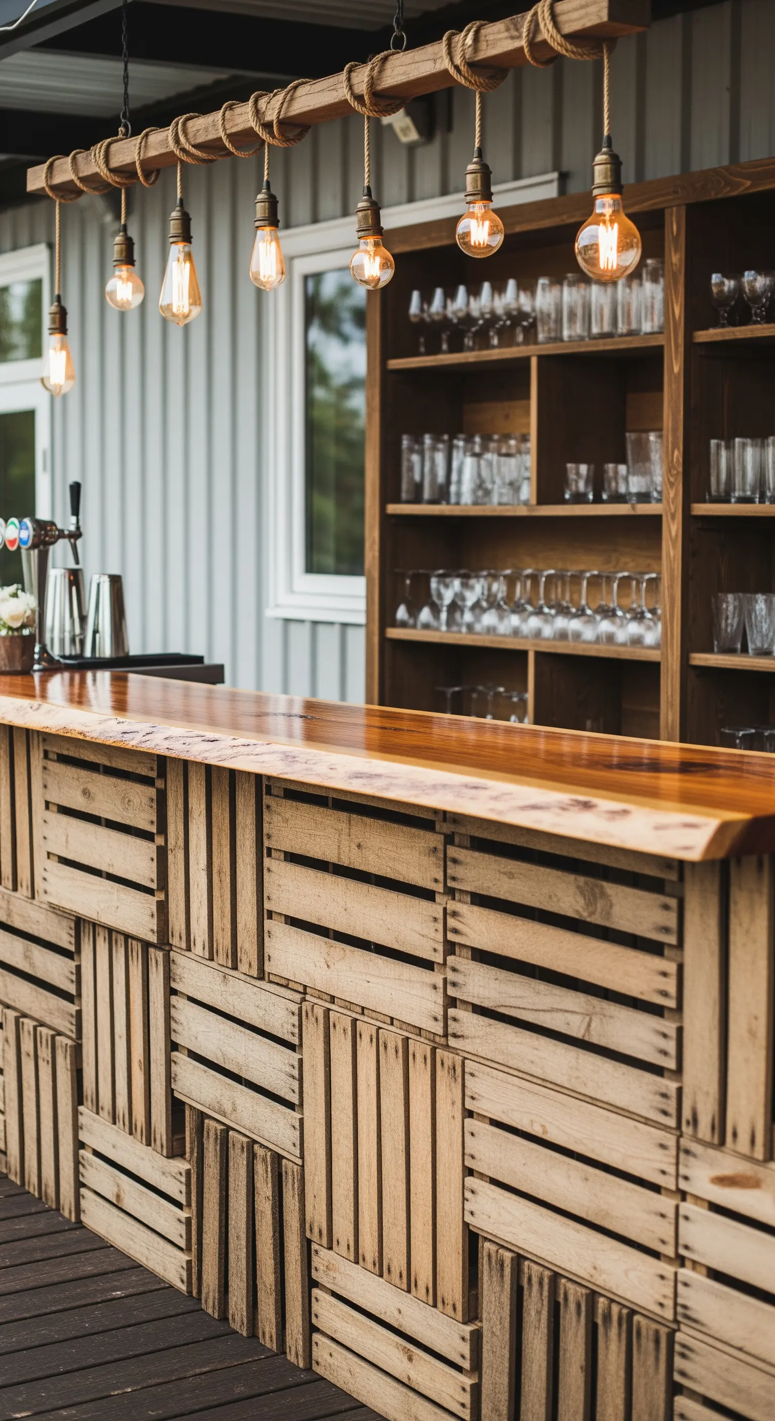 Bancone bar rustico fai-da-te, costruito con cassette di legno e illuminato da lampadine Edison.