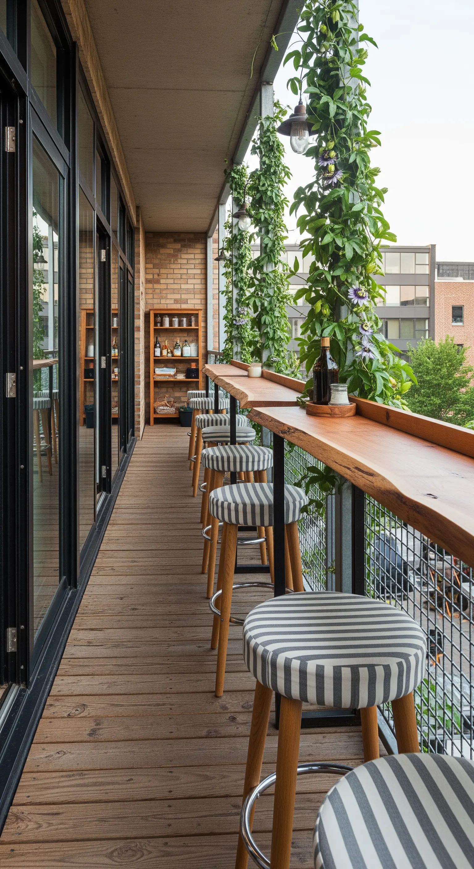Bancone bar in legno grezzo e sgabelli a righe su un balcone stretto con piante rampicanti.