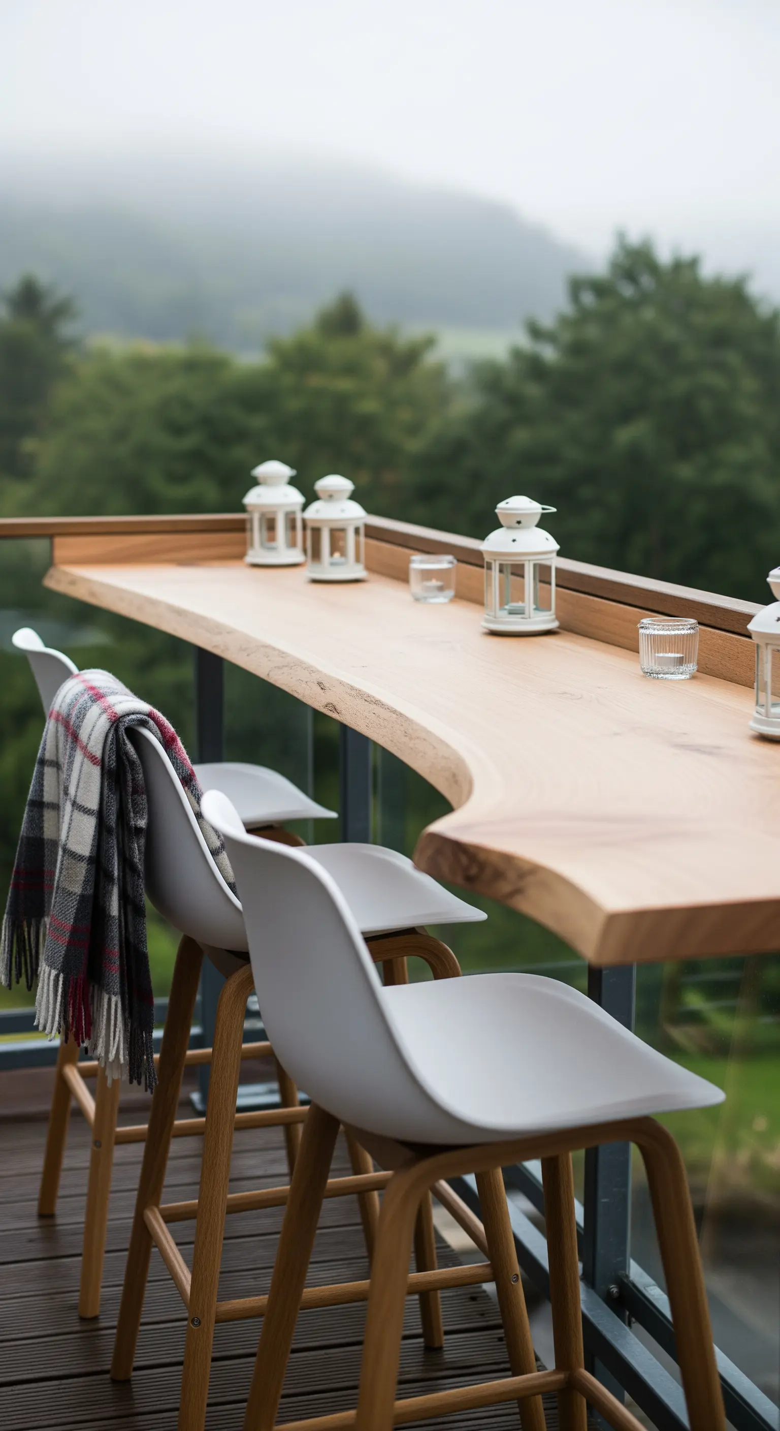 Bancone bar in legno massello su un balcone, con sgabelli bianchi e vista sul verde.
