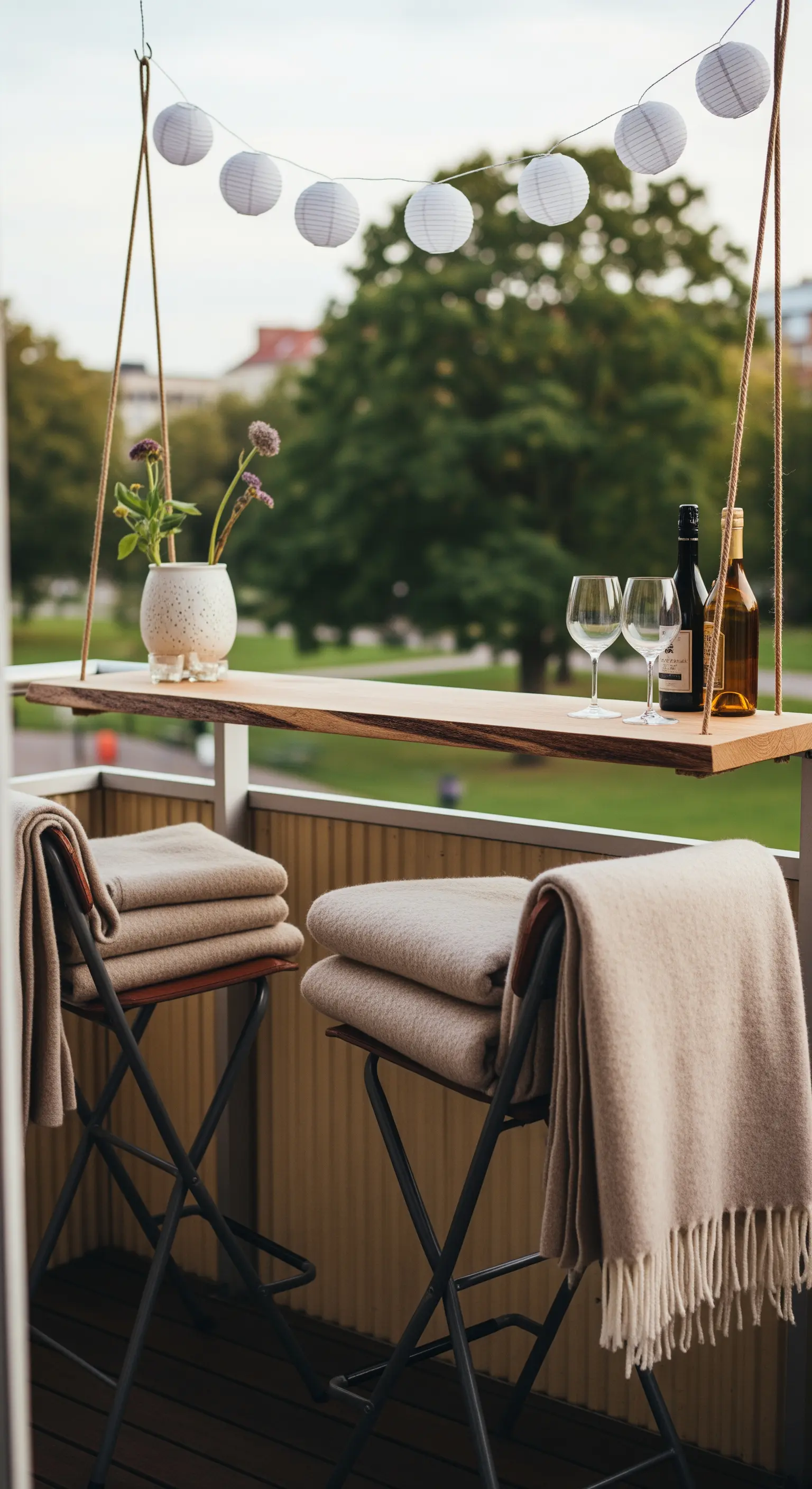 Bancone-mensola in legno sospeso con corde su un piccolo balcone con vista.