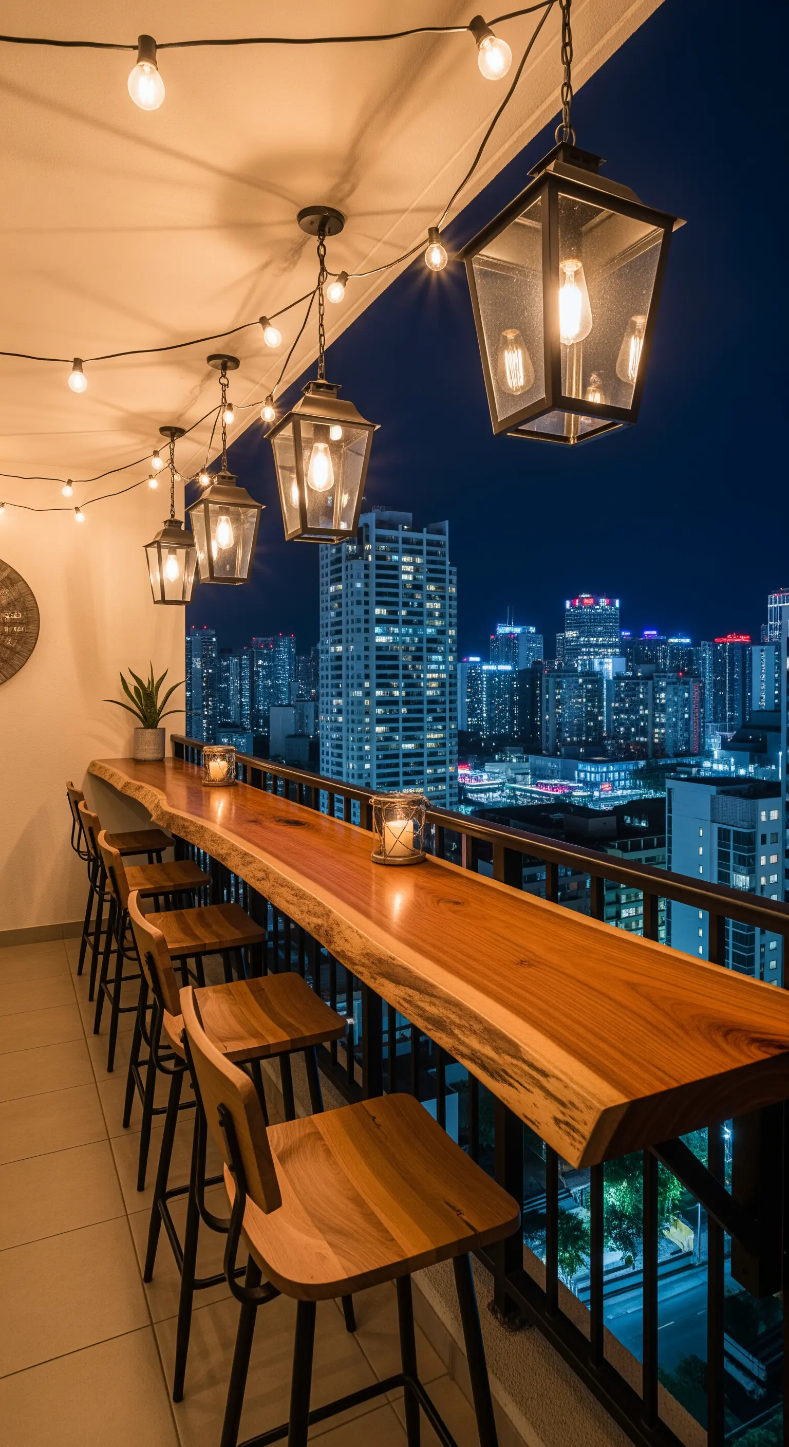 Balcone stretto trasformato in bar con bancone in legno massiccio e sgabelli alti.