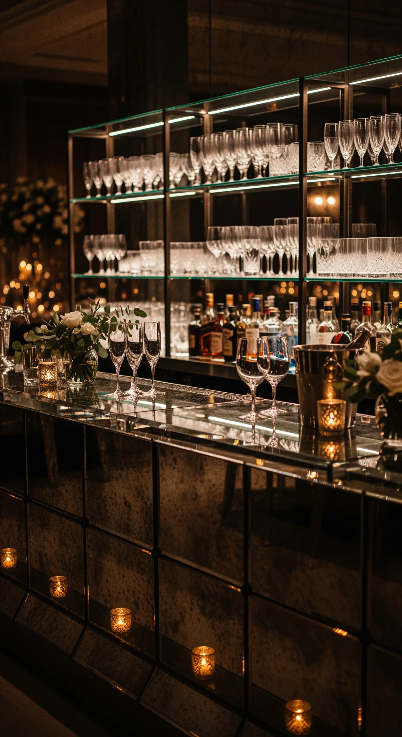 Angolo bar elegante con pannelli a specchio anticato e bicchieri in cristallo.