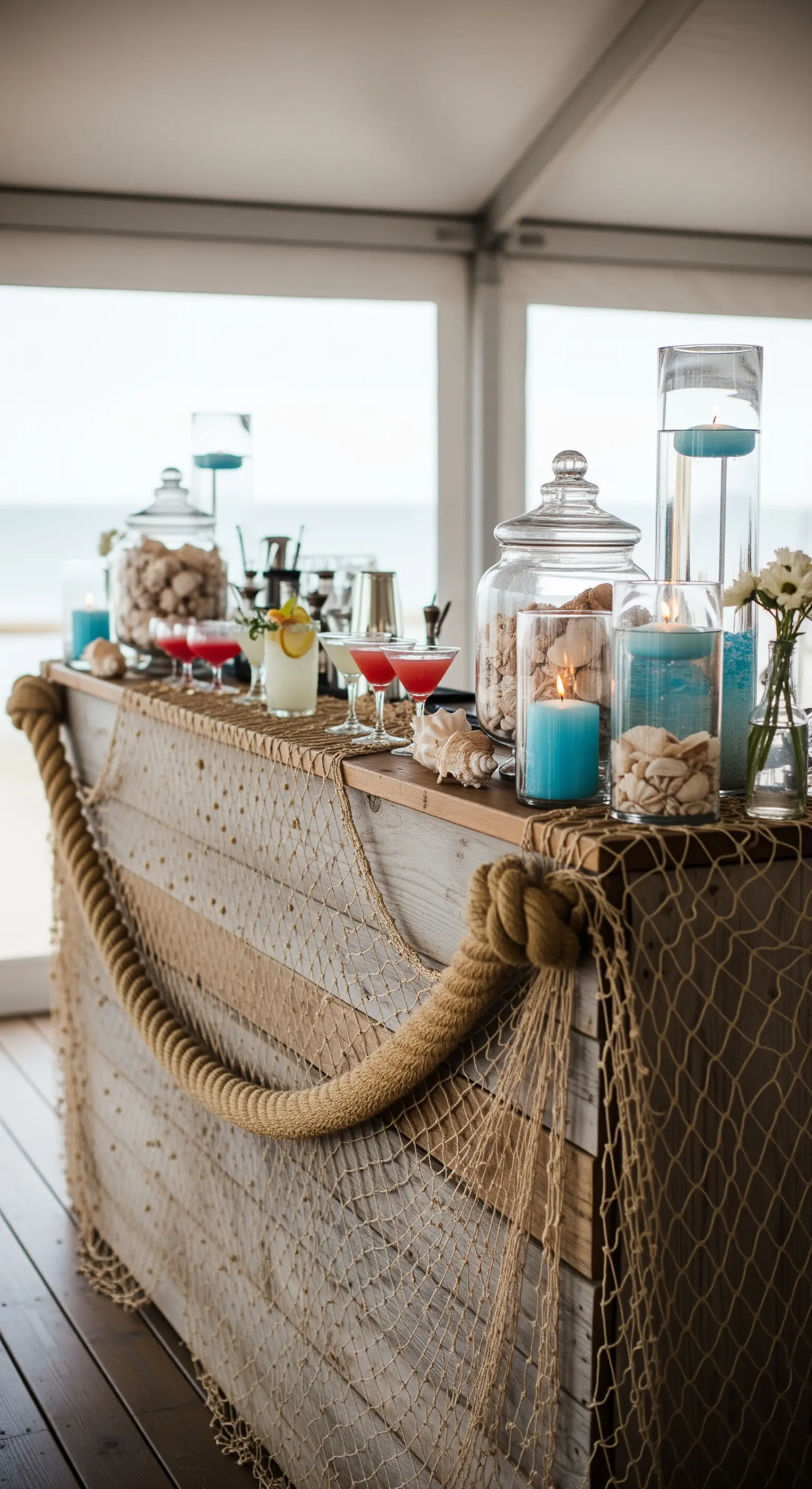 Bancone bar in legno decorato con rete da pesca, corda e vasi con conchiglie