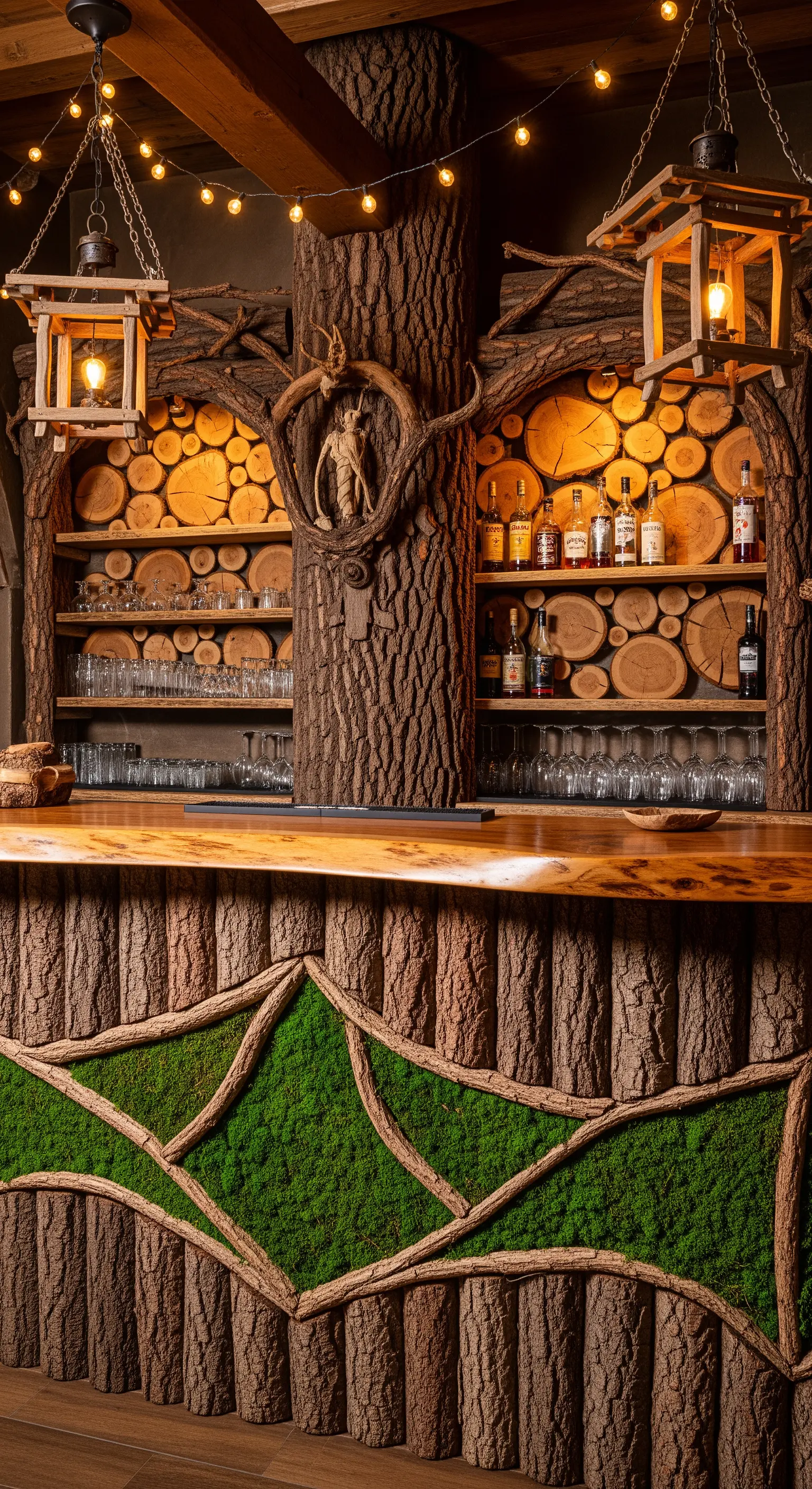 Angolo bar rustico con bancone rivestito in tronchi, decorazioni di muschio e mensole in legno.