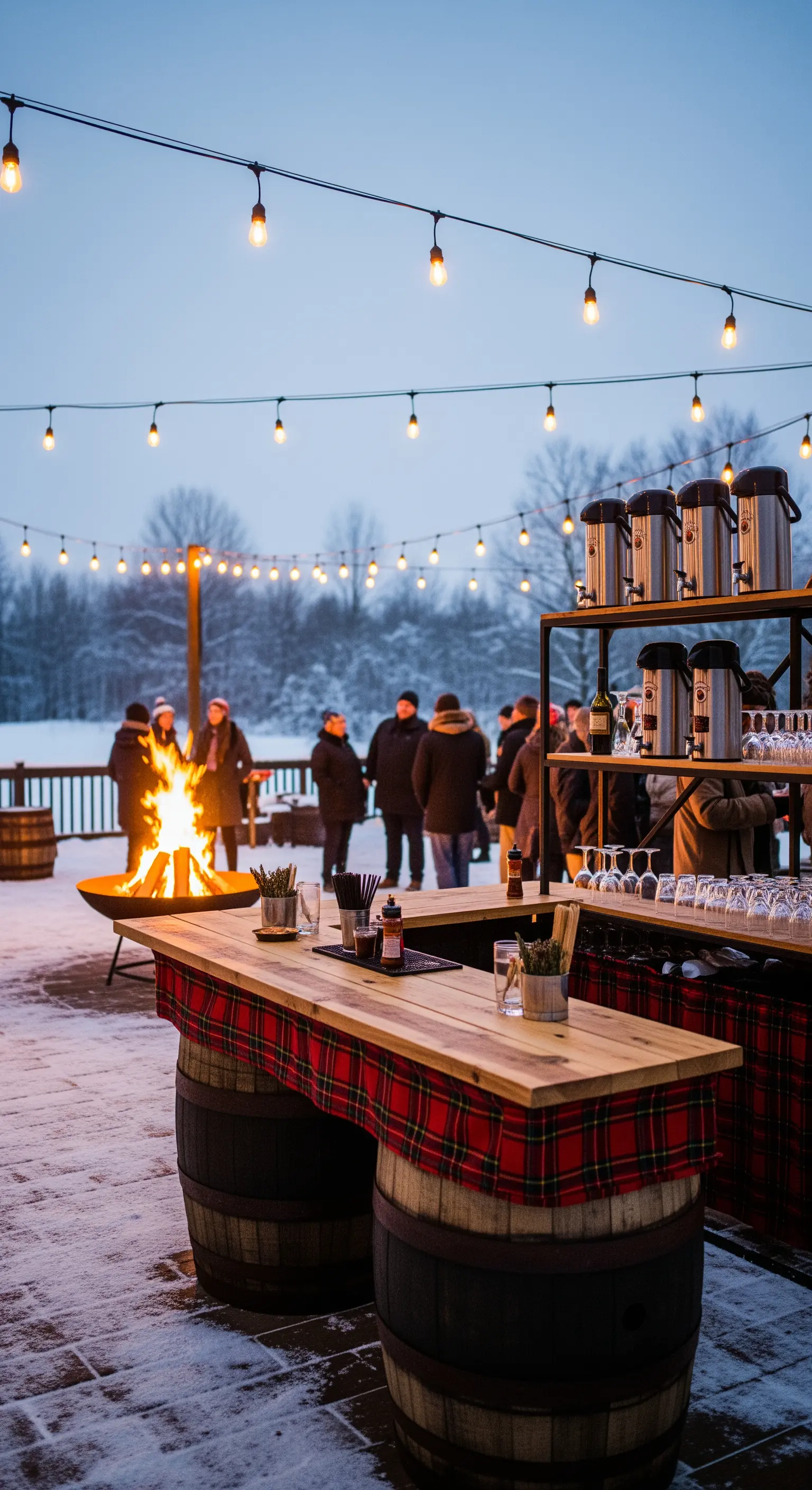 Bar all'aperto con base in botti e tovaglia scozzese, con braciere e ospiti sullo sfondo.