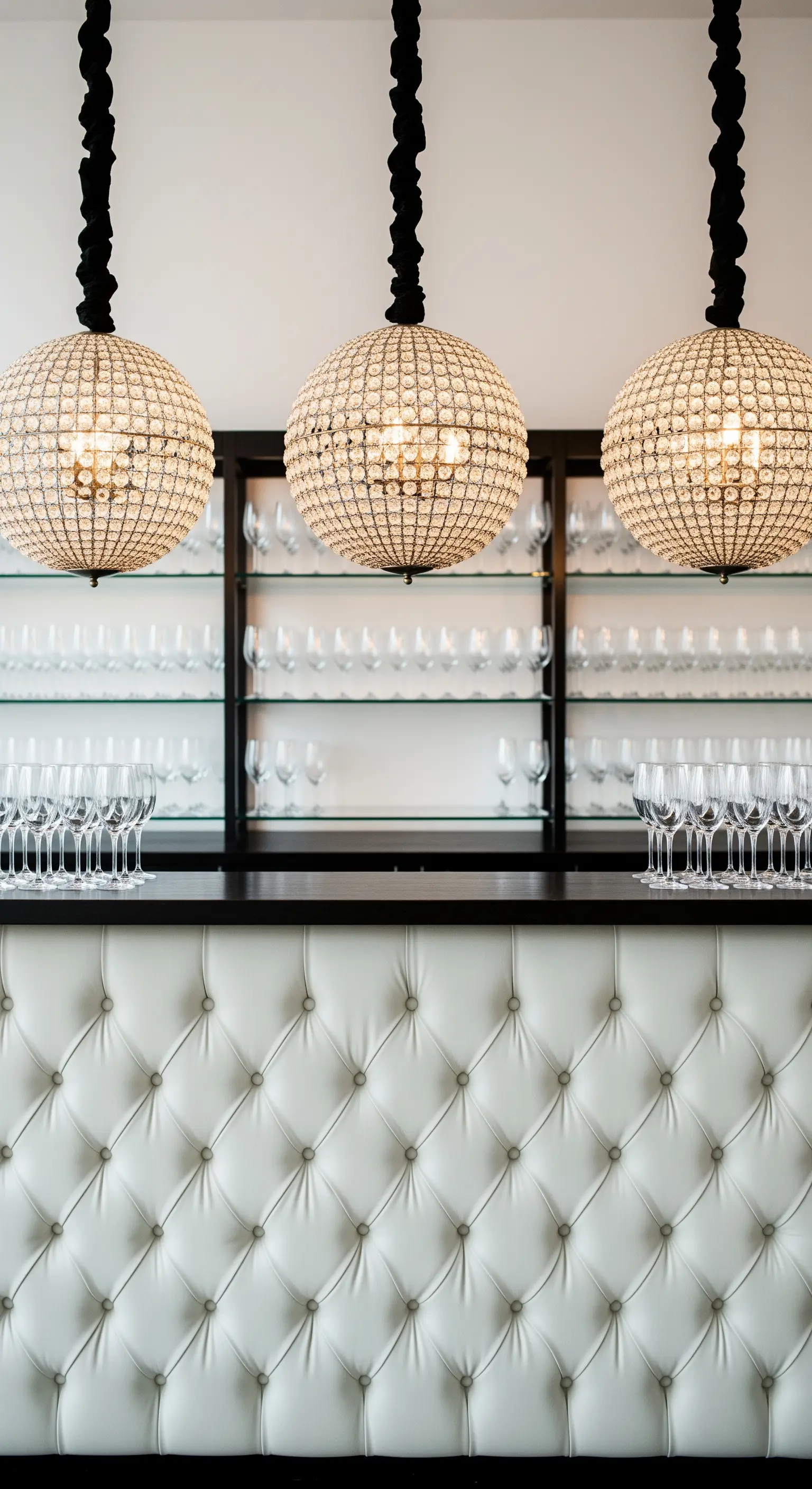 Elegante bancone bar con rivestimento capitonné bianco e tre chandelier sferici sospesi.