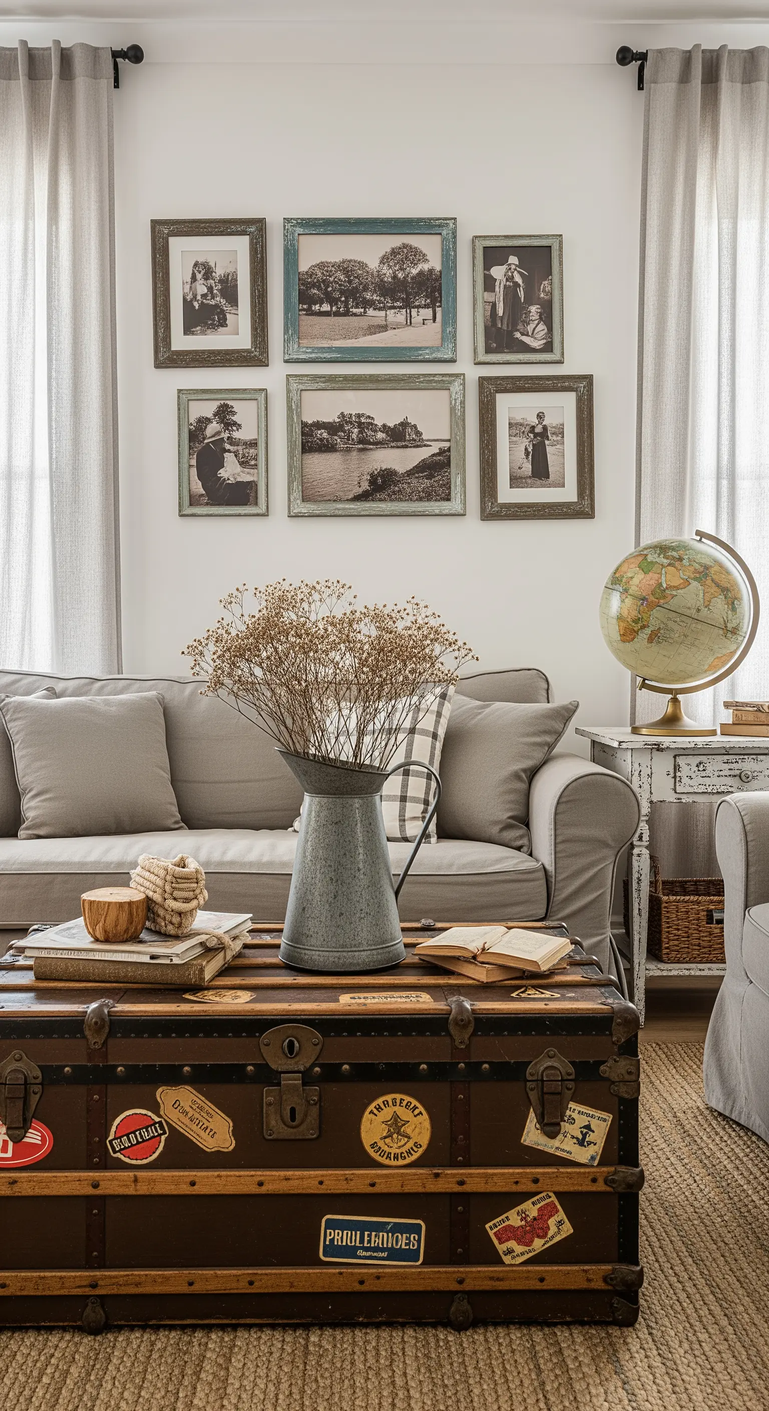 Baule da viaggio vintage usato come tavolino da caffè in un soggiorno shabby.