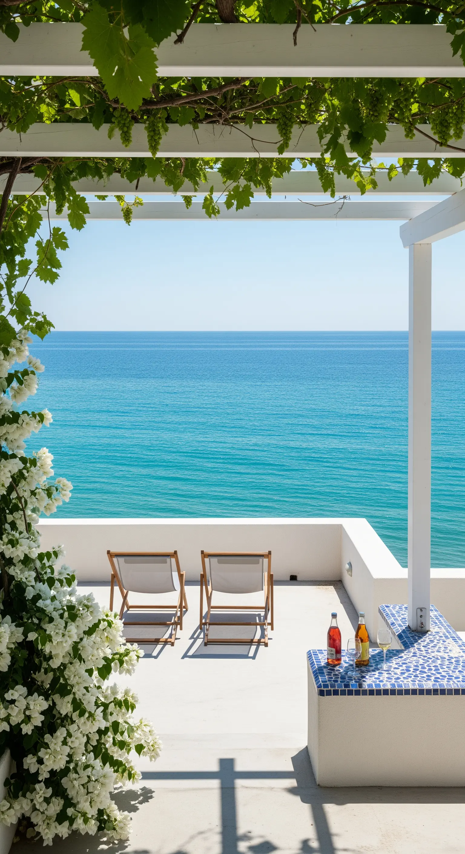 Terrazza bianca minimalista con pergola, sdraio e vista sul mare cristallino.