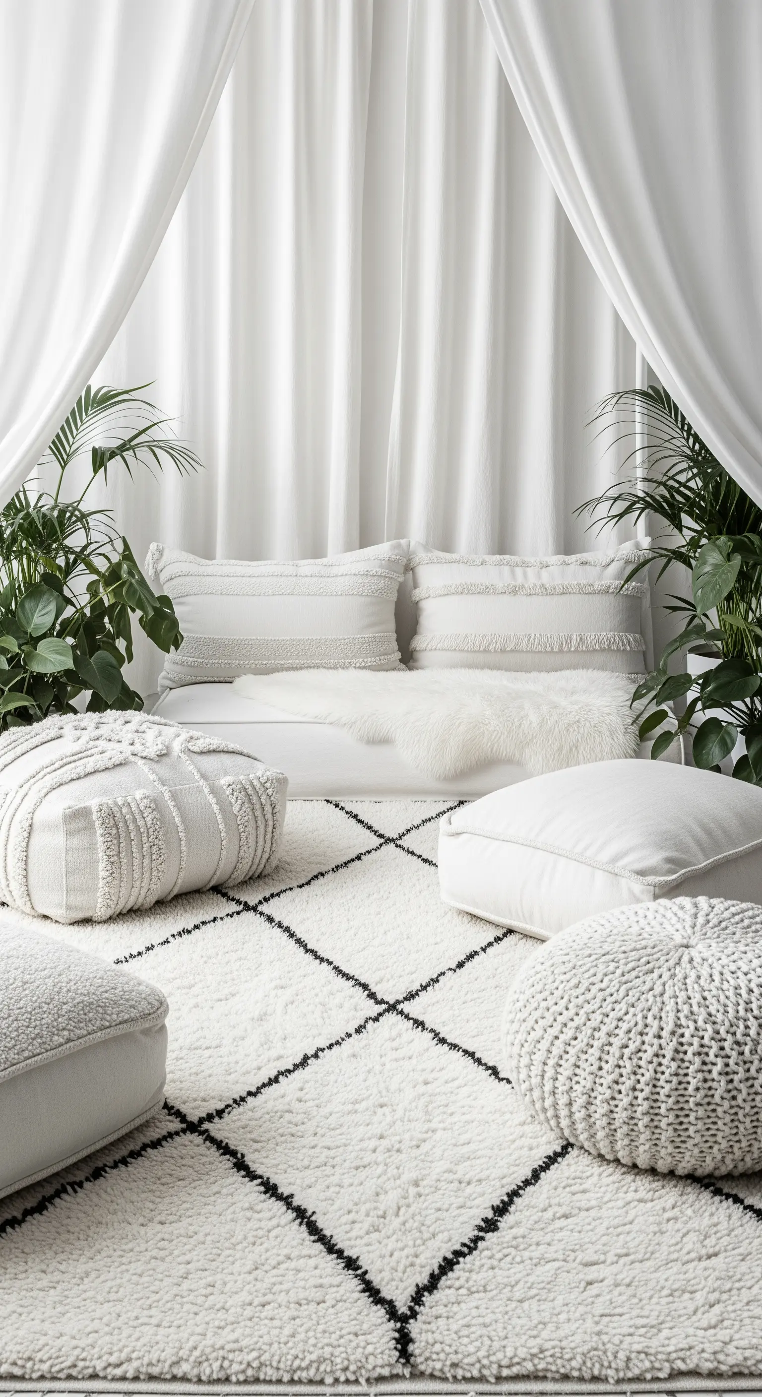 Ambiente bohémien total white con tappeto berbero, cuscini testurizzati e piante.