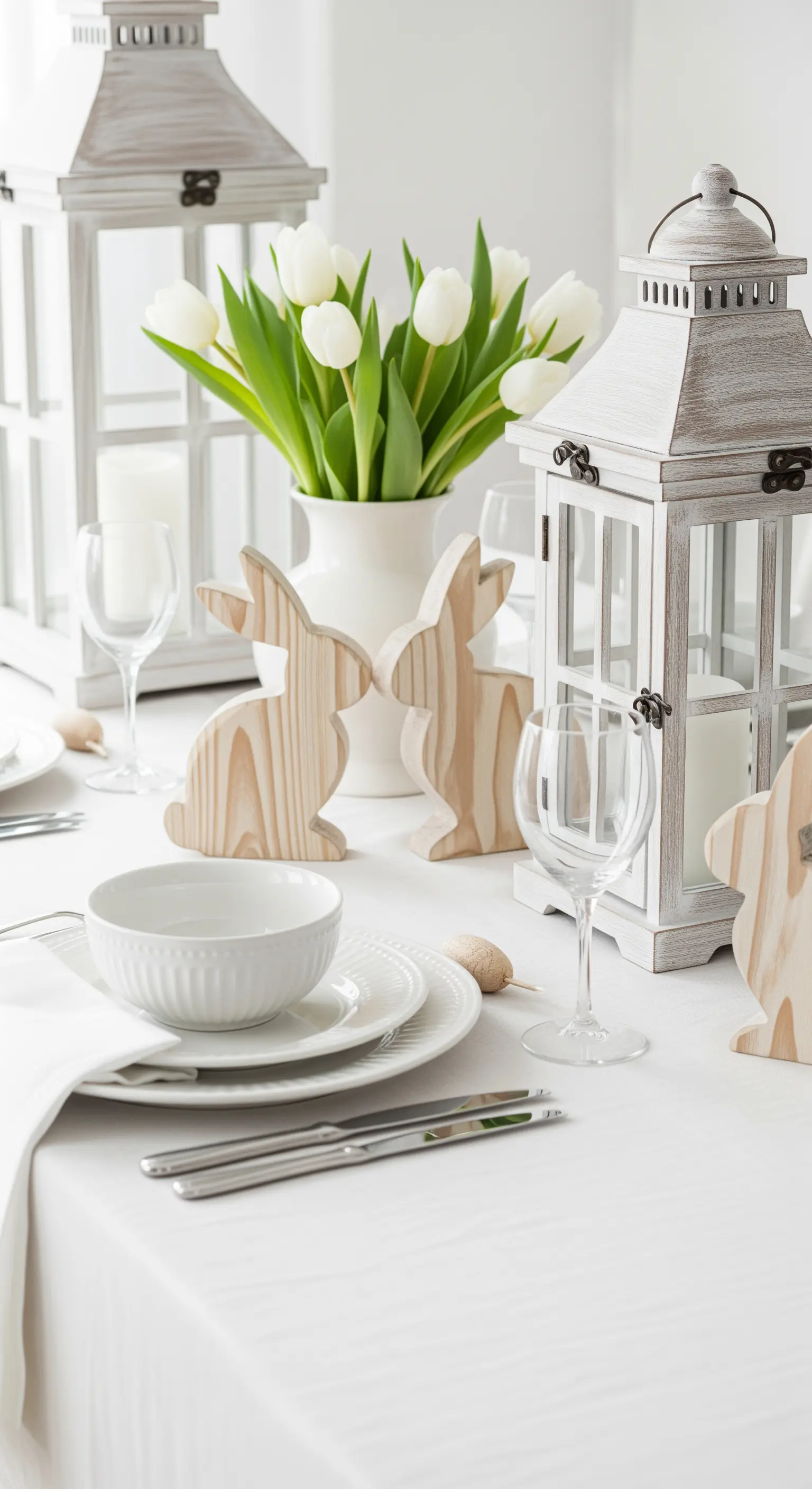 Tavola pasquale total white con lanterne in legno decapato, coniglietti e tulipani bianchi.