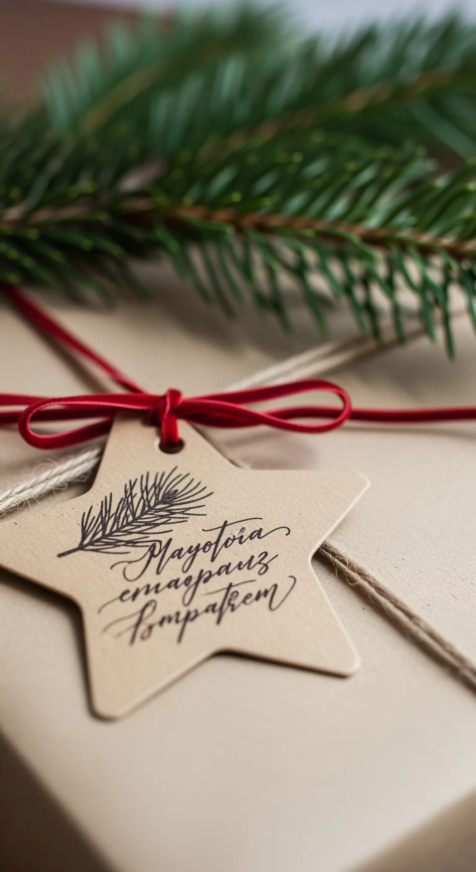 Etichetta a forma di stella in carta kraft con scritta calligrafica e un fiocco rosso.