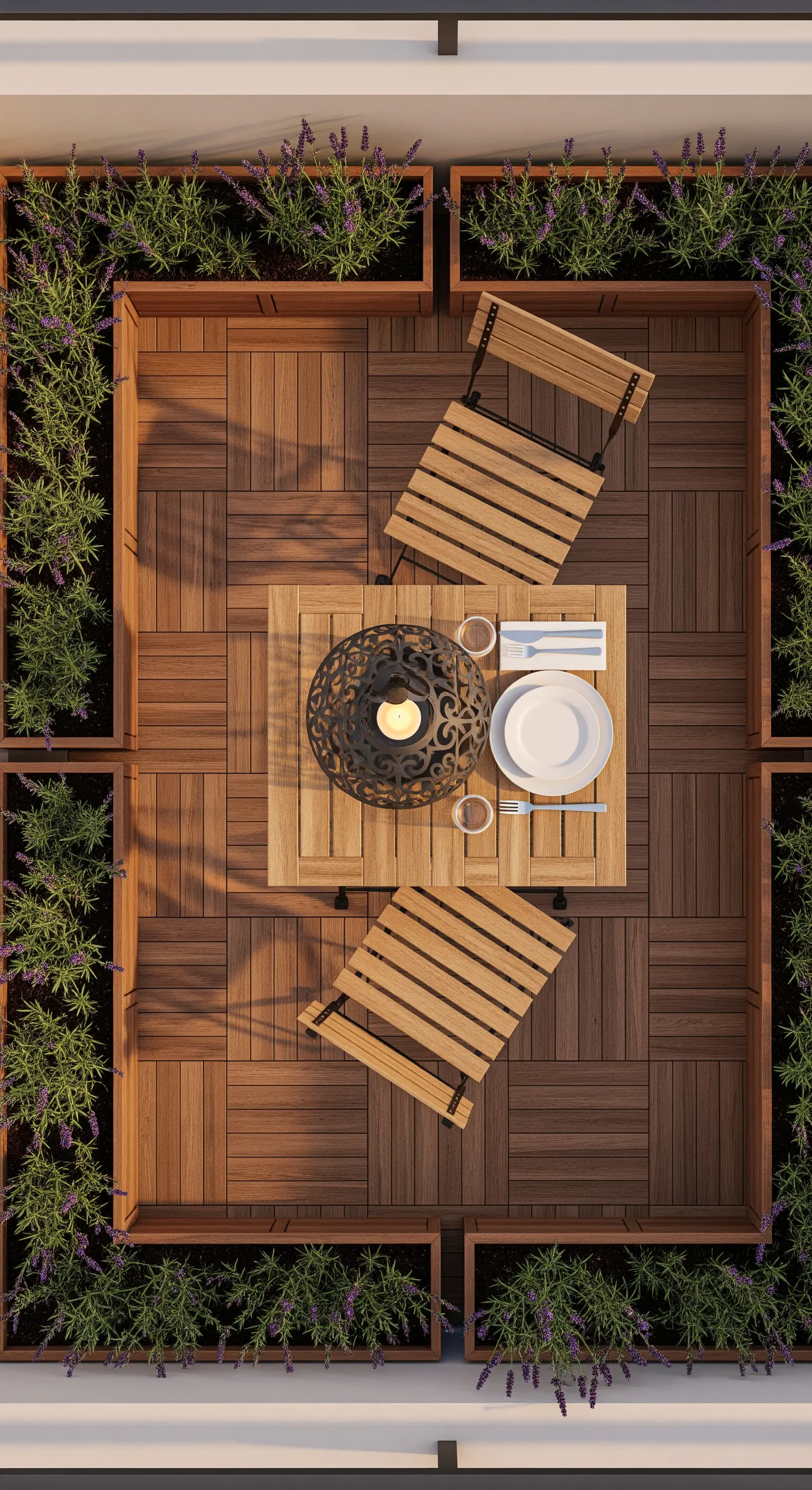 Vista dall'alto di un balcone con tavolo, sedie e fioriere di lavanda perimetrali.