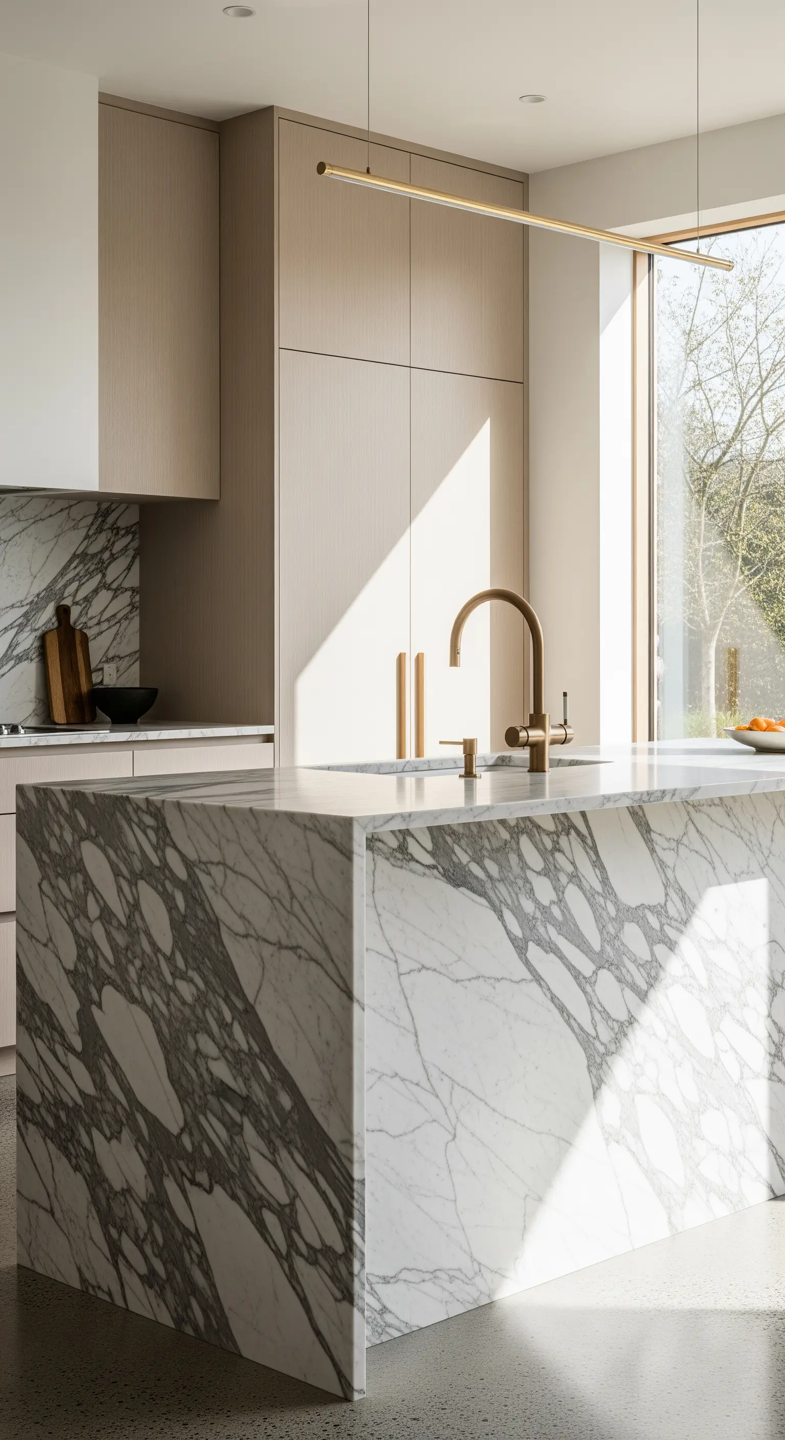 Isola scultorea in marmo con venature grigie in una cucina minimalista con mobili in legno chiaro.