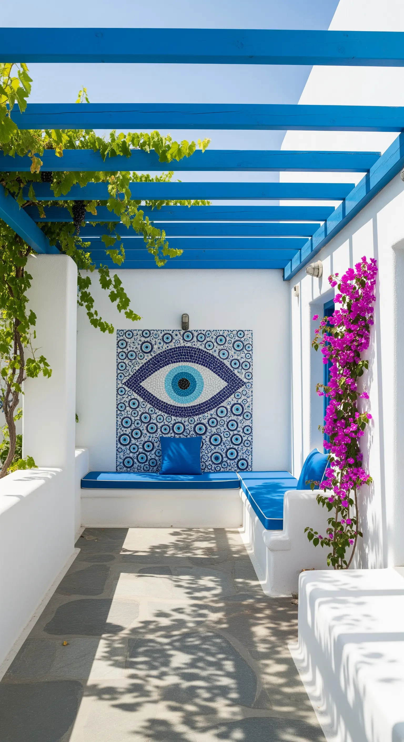 Patio in stile greco con pergola blu, pareti bianche e mosaico a forma di occhio.