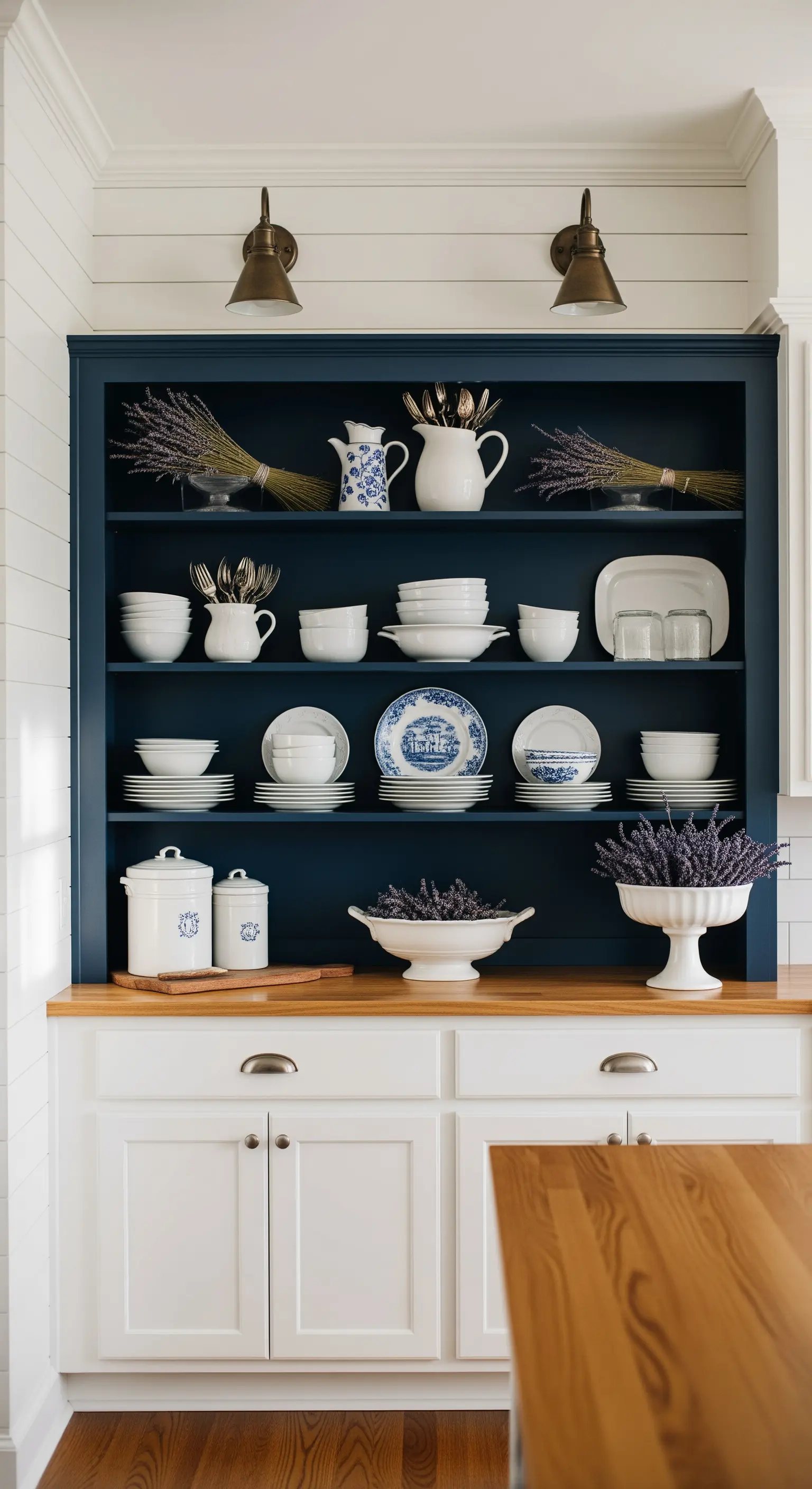 Credenza blu scuro con stoviglie bianche e mazzi di lavanda essiccata.