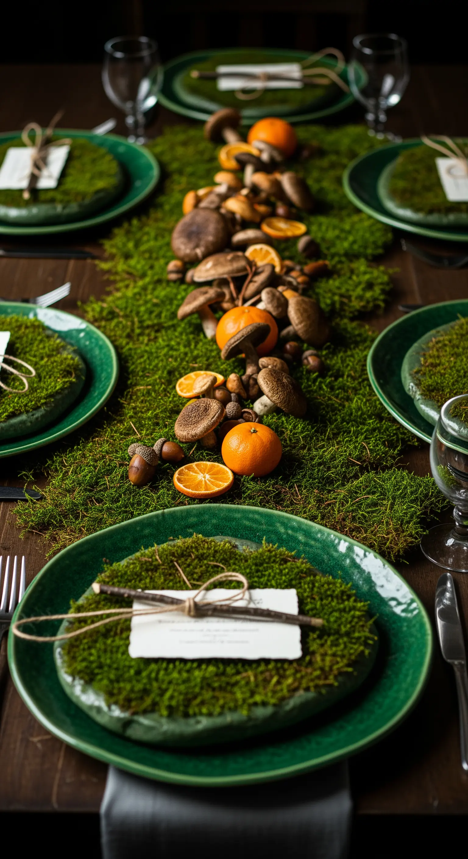 Tavola natalizia a tema bosco con un runner e sottopiatti di muschio fresco e funghi