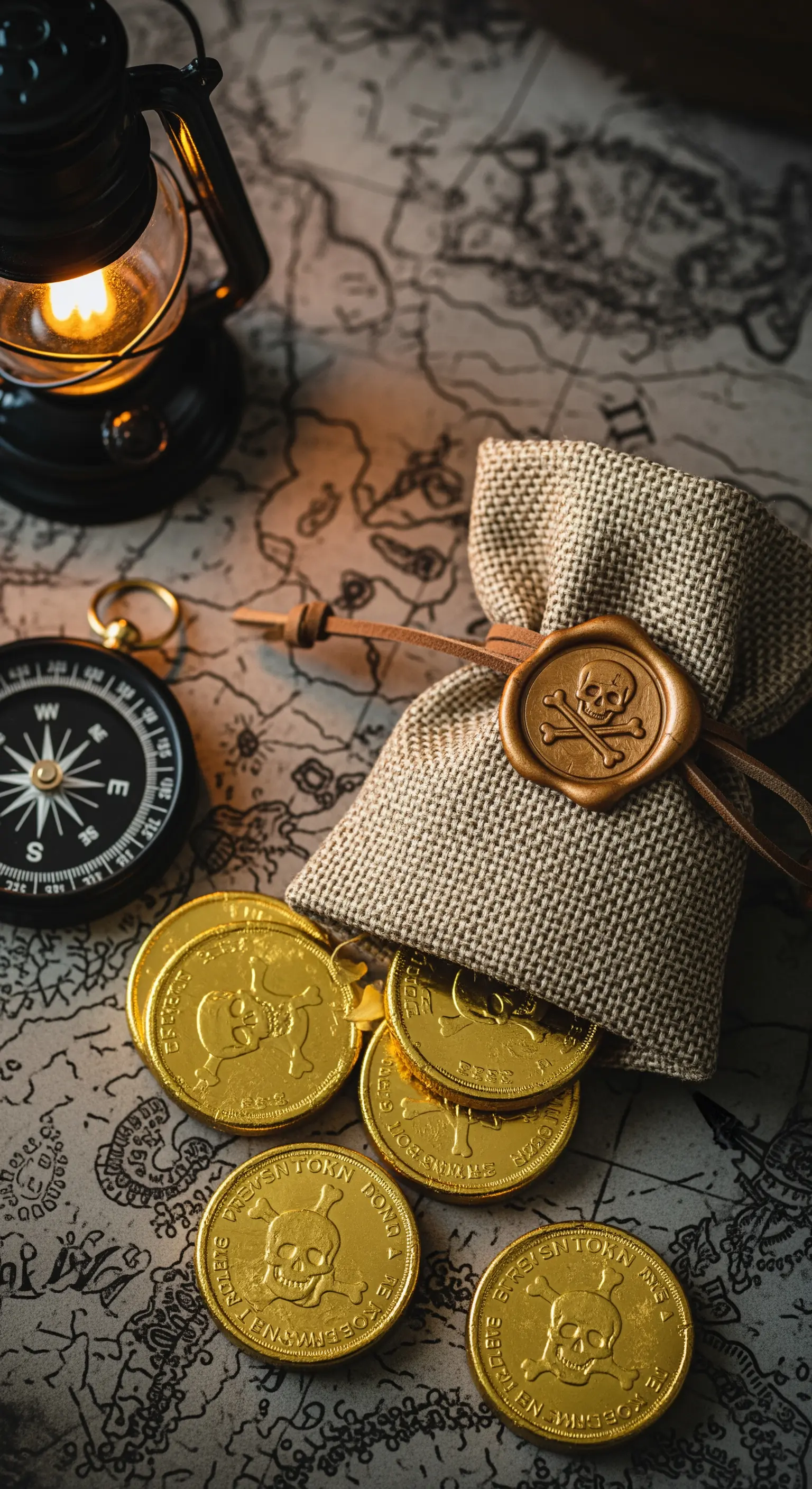Sacchetto di iuta da pirata con sigillo a teschio e monete di cioccolato dorate.