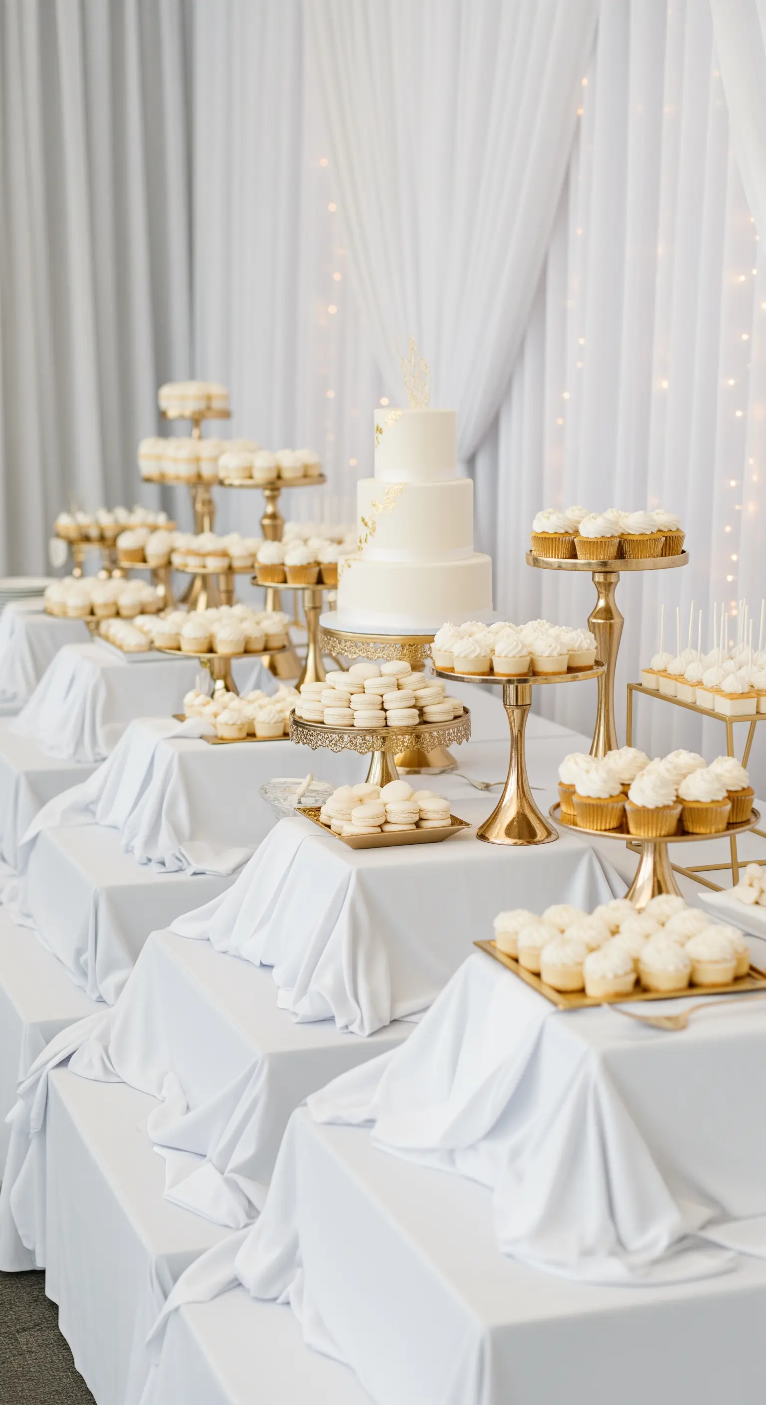 Buffet di dolci bianchi su più livelli con alzate e vassoi dorati.