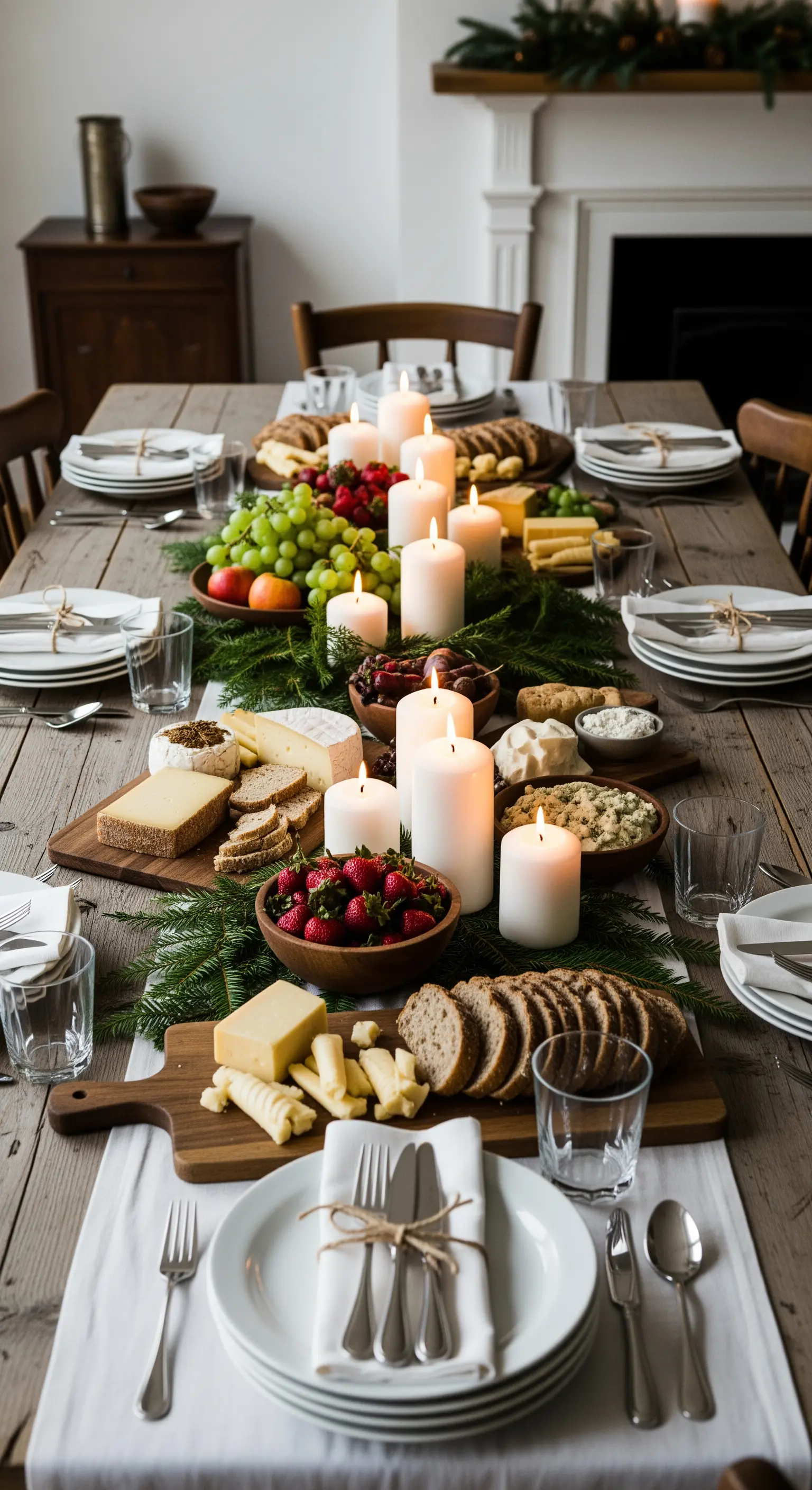 Tavola natalizia allestita come un ricco buffet rustico con formaggi, frutta e pane.