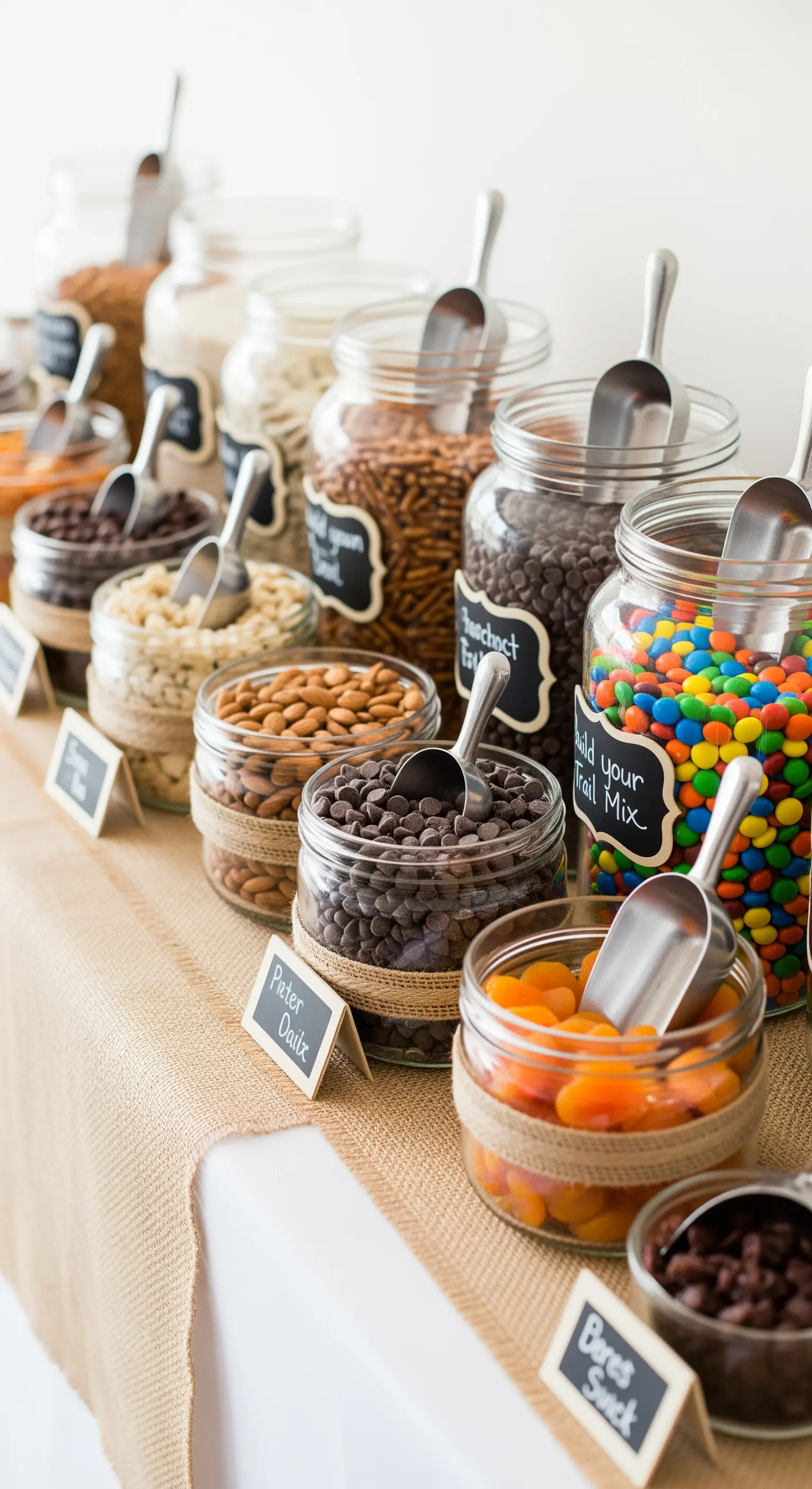 Barattoli di vetro con frutta secca, cioccolato e snack per un trail mix bar fai-da-te