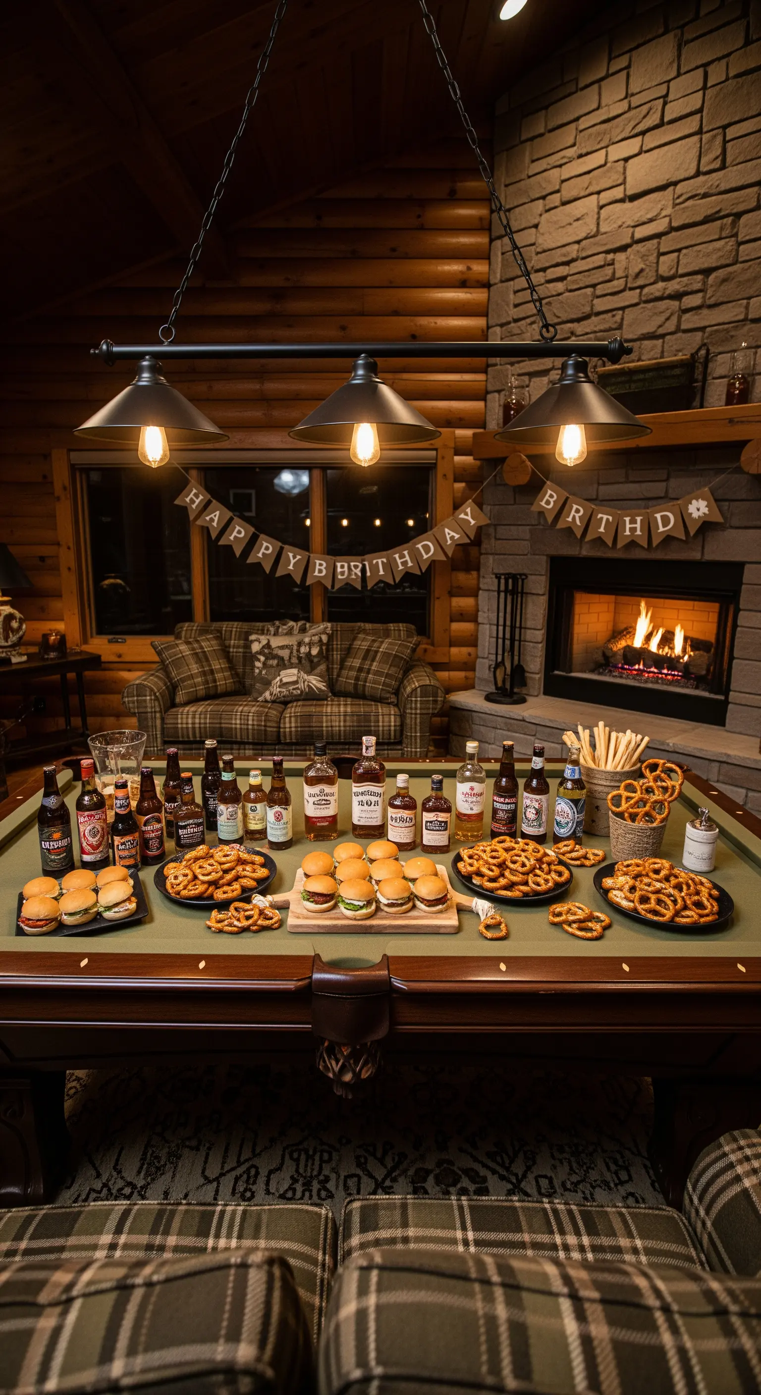 Tavolo da biliardo trasformato in buffet con hamburger, pretzel e bibite in una baita.