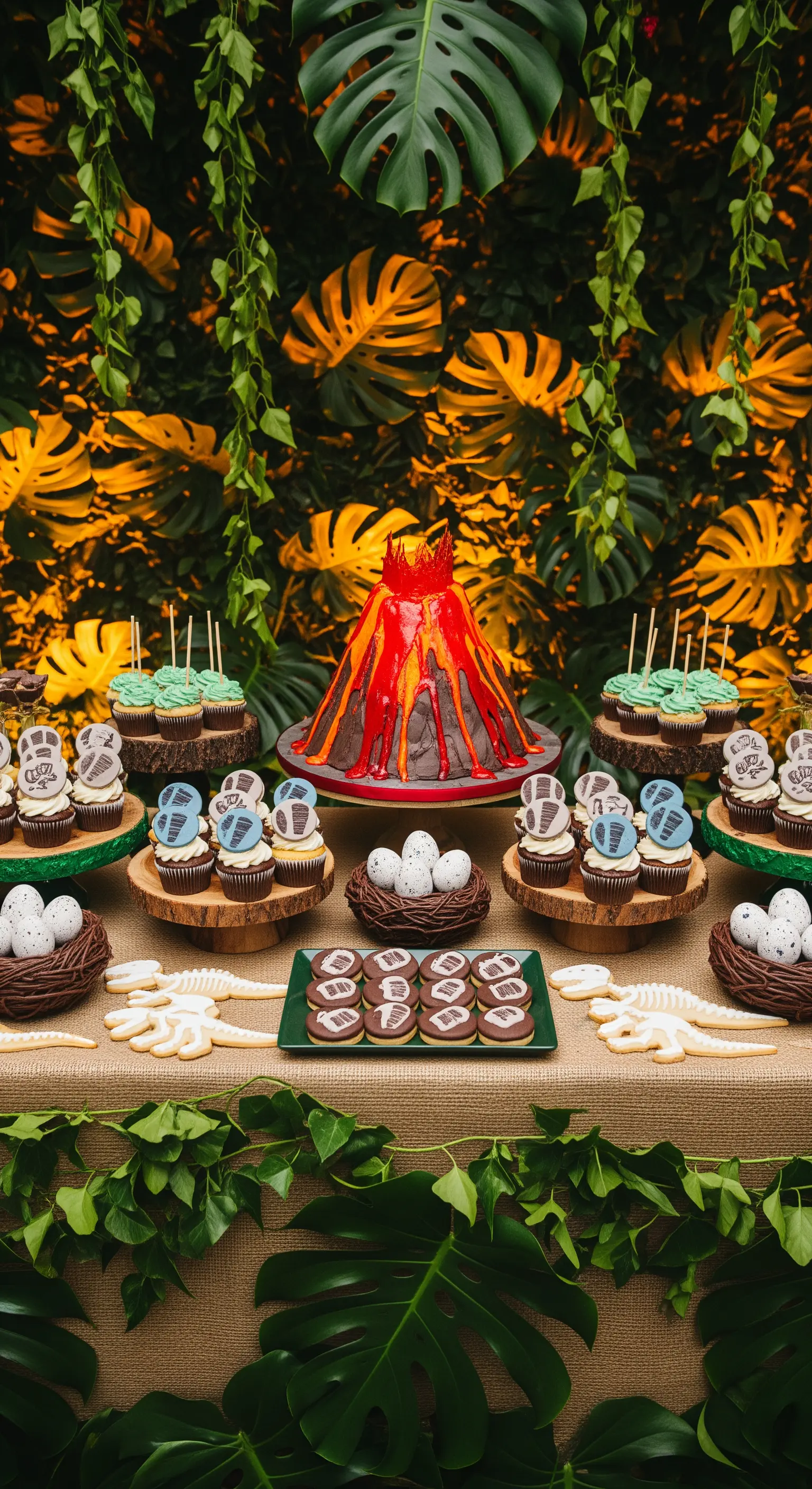 Tavolo da dessert a tema giurassico con torta a forma di vulcano e dolci a forma di fossile.