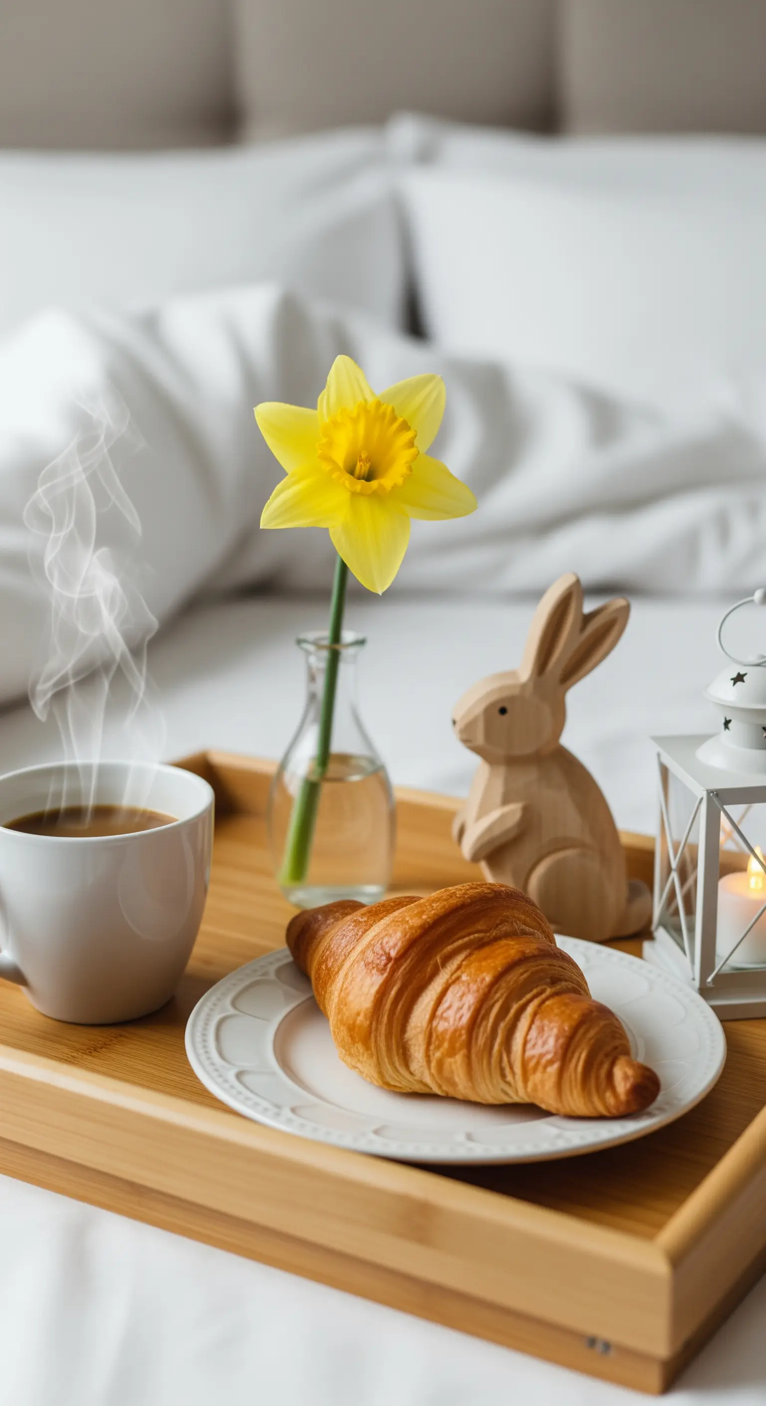 Vassoio per la colazione a letto a tema pasquale con caffè, croissant, un fiore e decorazioni.