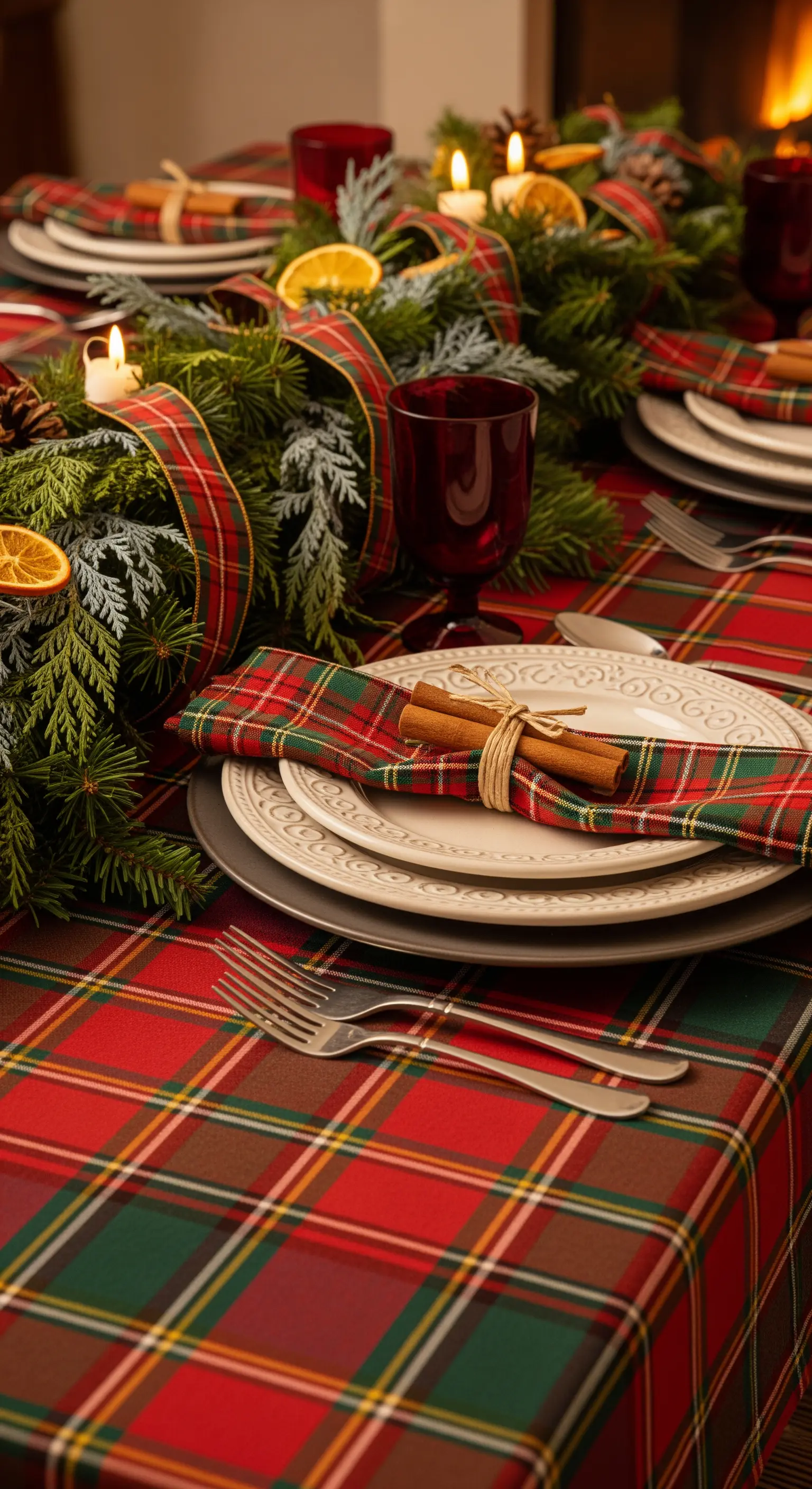 Tavola natalizia con tovaglia e tovaglioli tartan, e stecche di cannella come segnaposto.