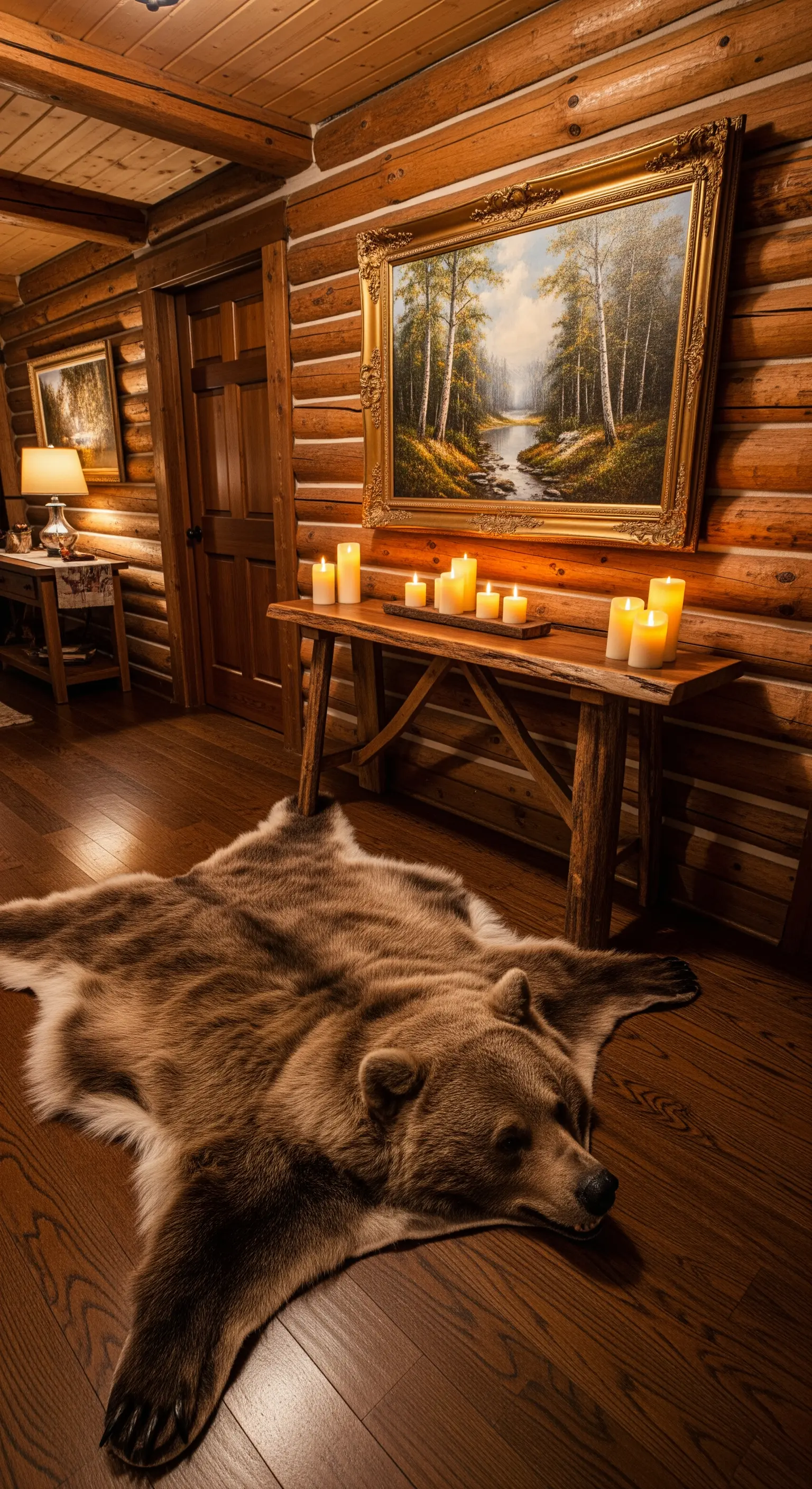Ingresso rustico in stile baita con pareti in legno, tappeto di pelliccia e candele accese.