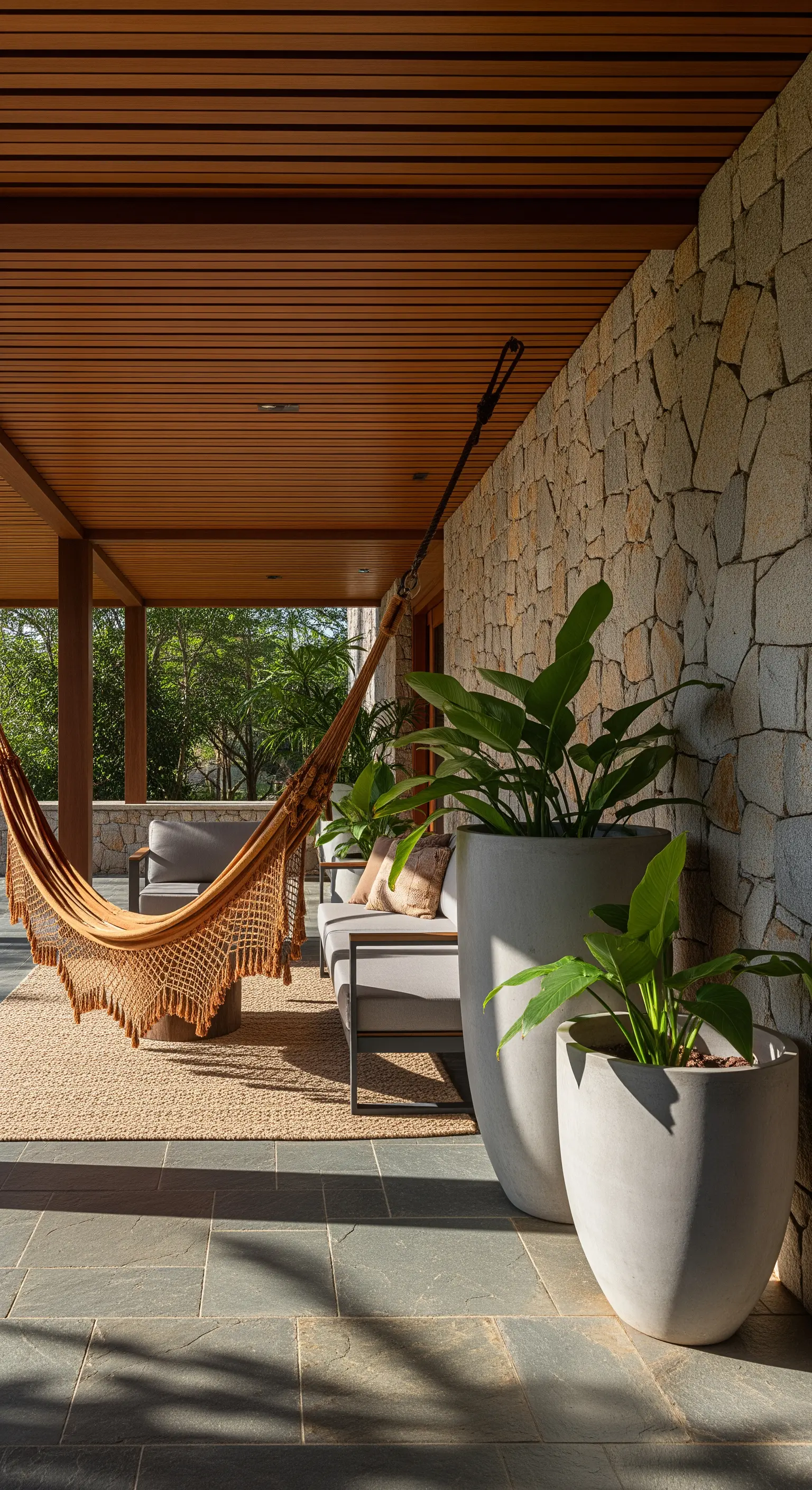 Amaca color terracotta su un patio con parete in pietra e arredi grigi.
