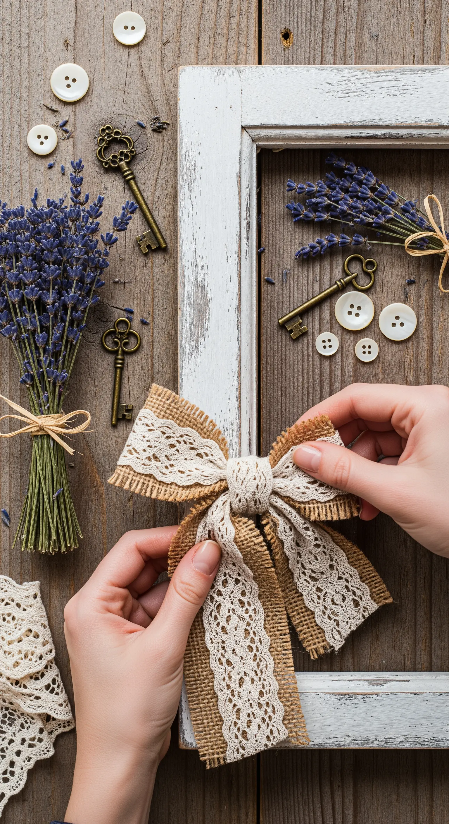 Mani che legano un fiocco di juta e pizzo su una cornice di legno decapato bianco.