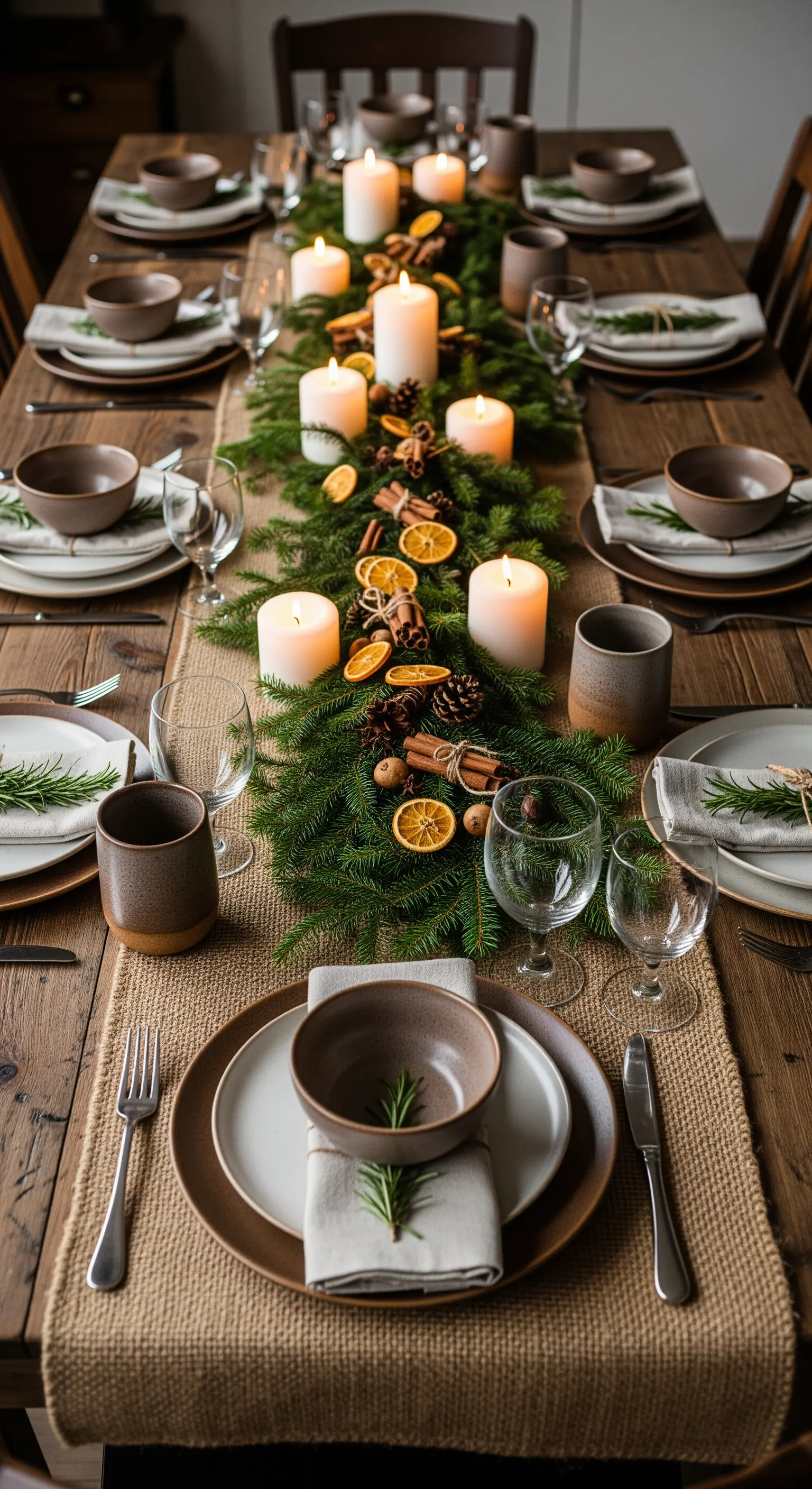 Tavola natalizia rustica con runner in juta, ghirlanda di pino e candele bianche accese