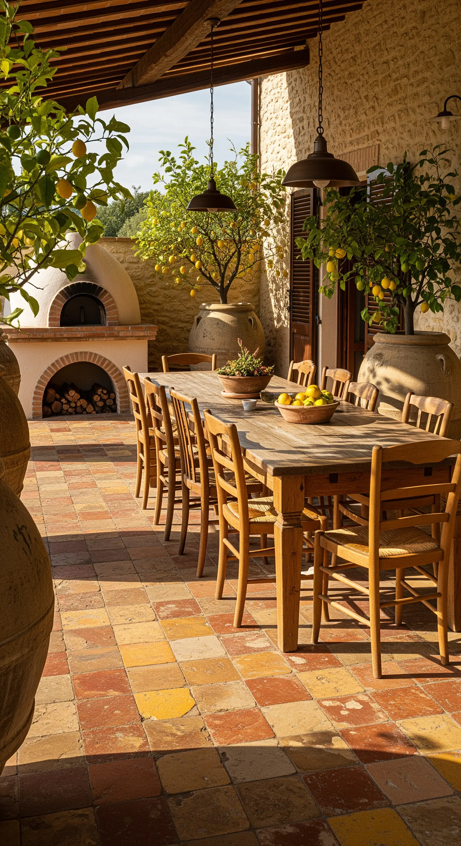 Patio rustico con pavimento in cotto, un grande tavolo in legno e un forno a legna.