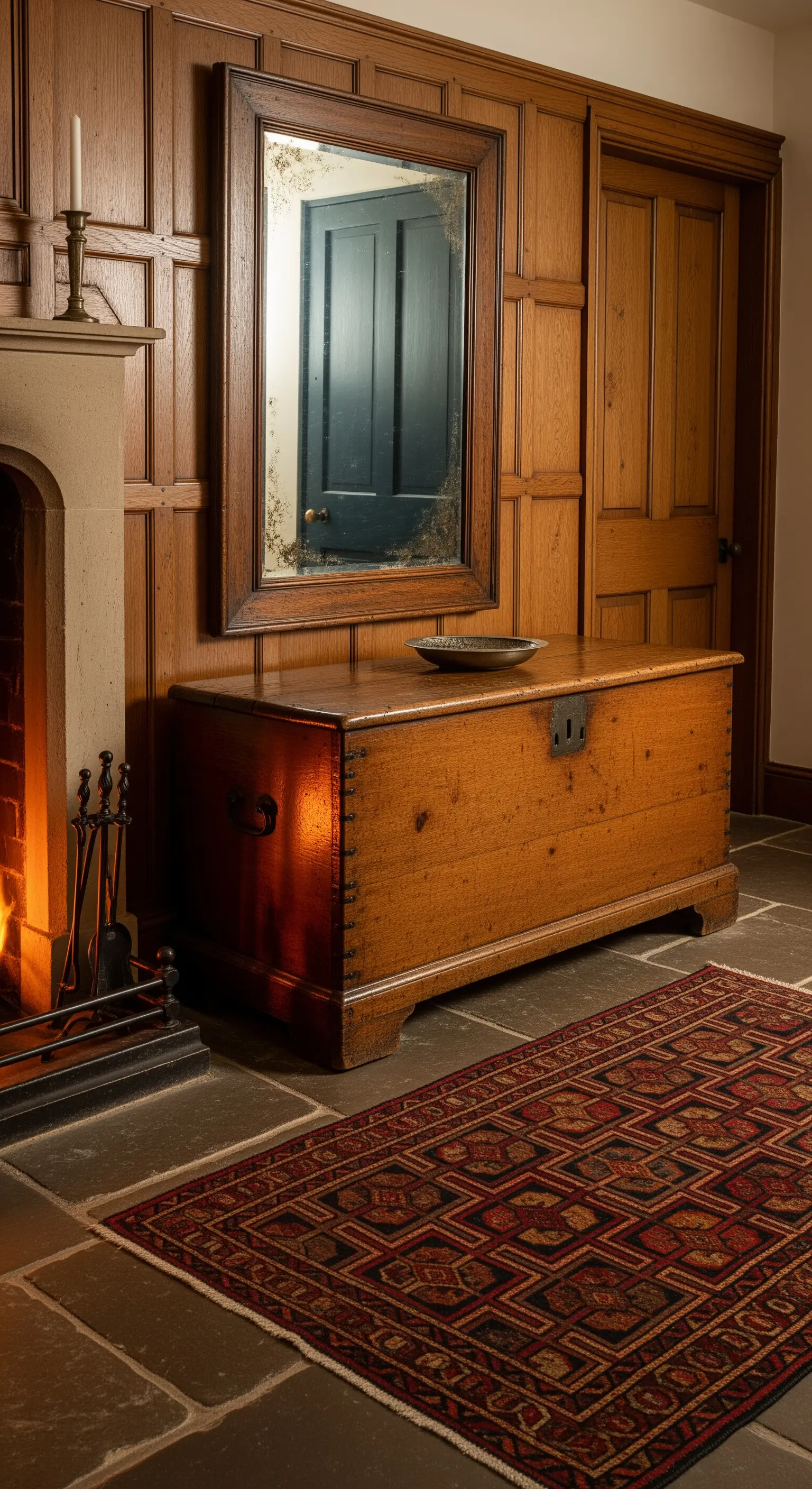 Ingresso rustico con camino, cassapanca in legno e boiserie alle pareti.